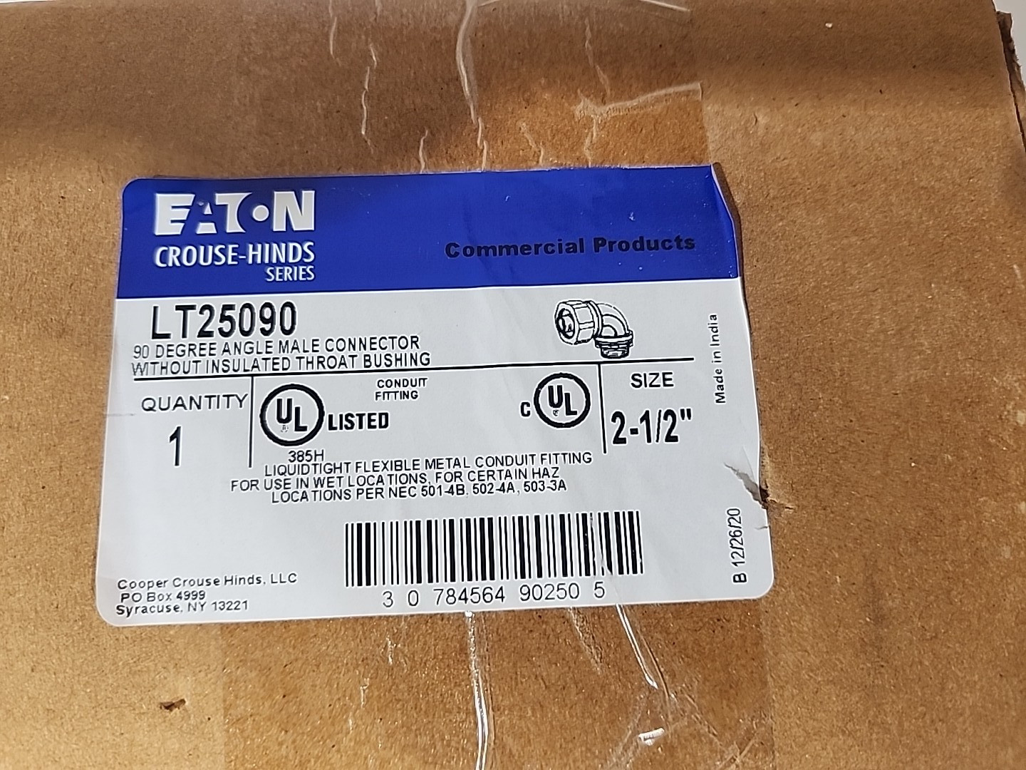 Eaton LT25090 90 Degree Angle Male Connector W/O Throat Bushings 2-1/2