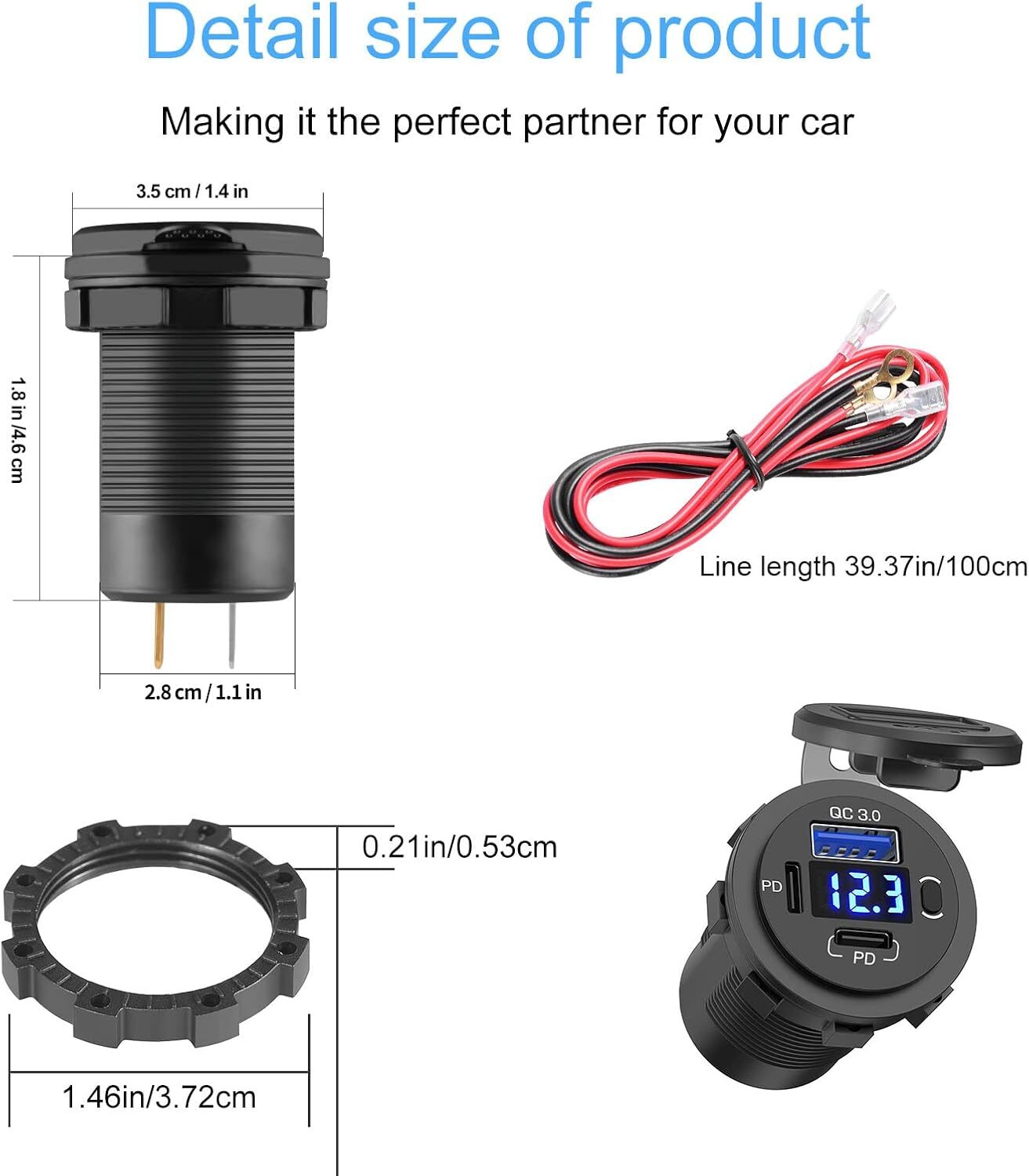 12-24V Dual USB Quick Charge 3.0 Port & PD USB C Car Charger Socket w/ Voltmeter