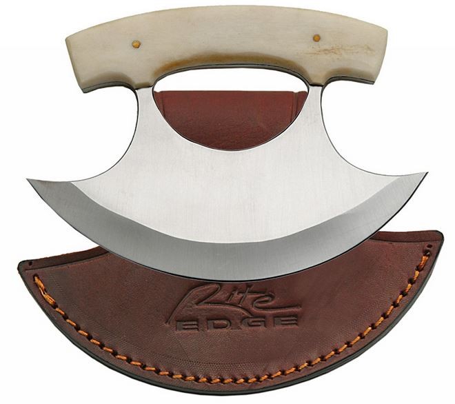 Hunting Knife Alaskan Ulu Stainless Steel Blade Bone Stag Handle Leather Sheath
