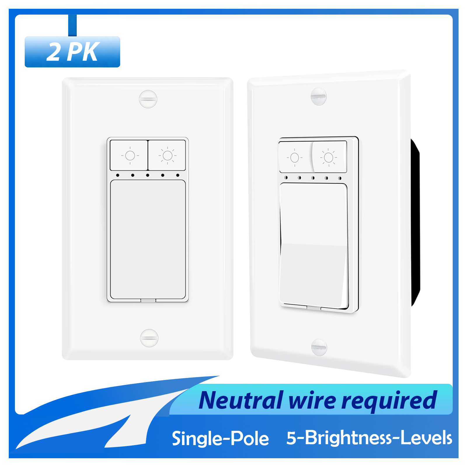 2Packs Single Pole Neutral Wire Required Dimmer Switch for 150W Dimmable LED/CFL
