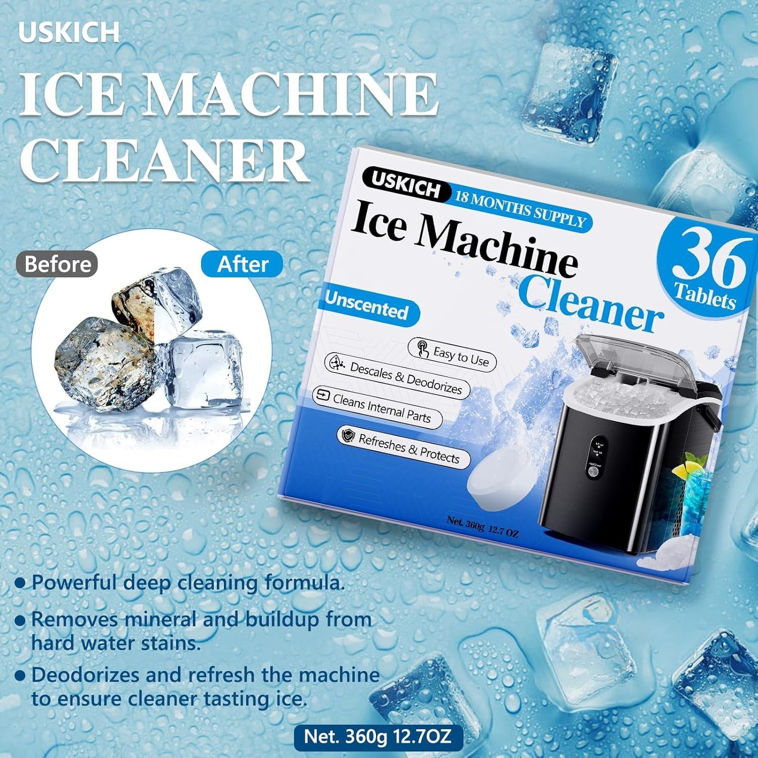 Crystal Clear Ice Maker Cleaner Tablets - 36 Count Compatible with TOP Brands