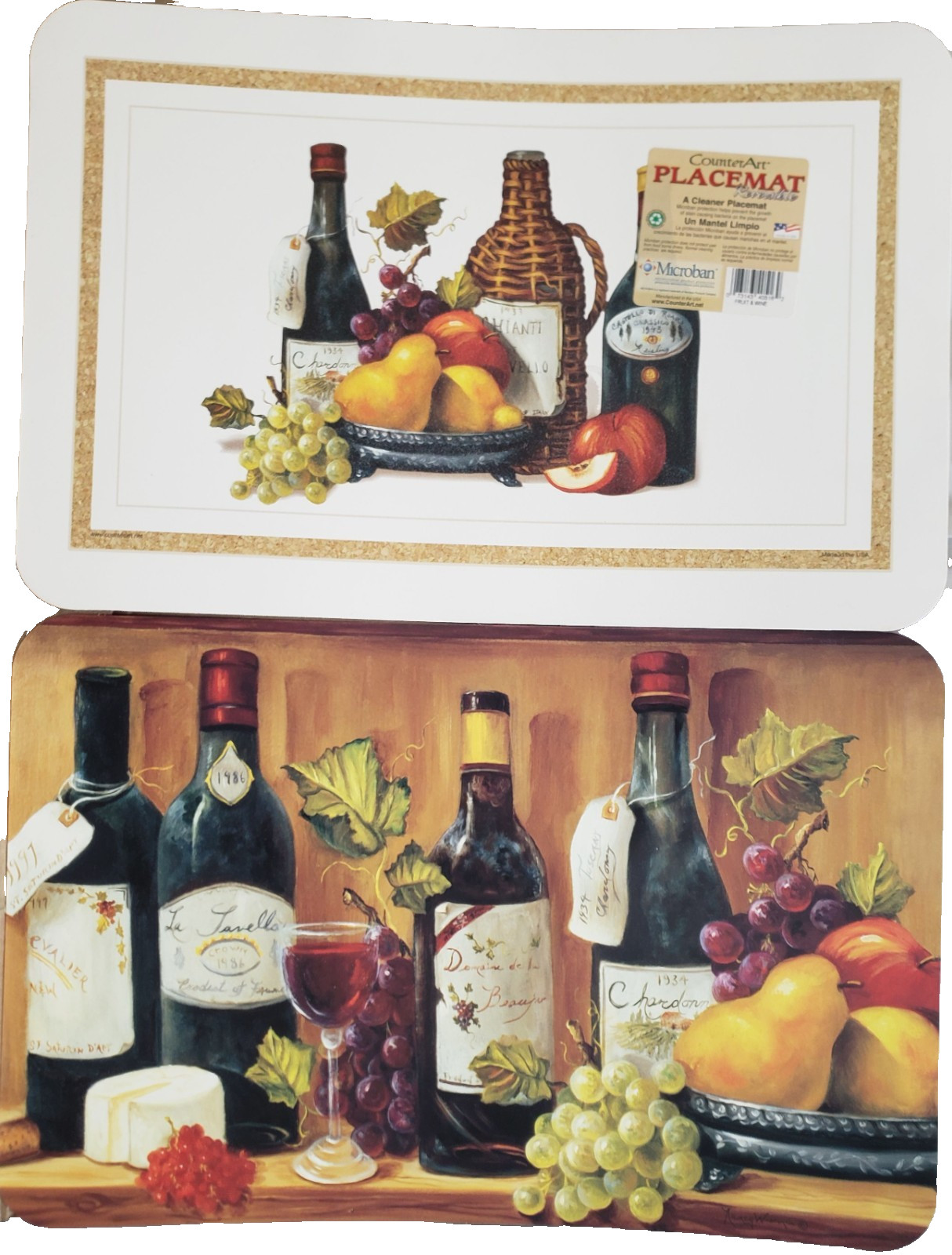 2 Same Reversible Plastic Placemats (12"x18") WINE & GRAPES, CHEESE & FRUITS, CA