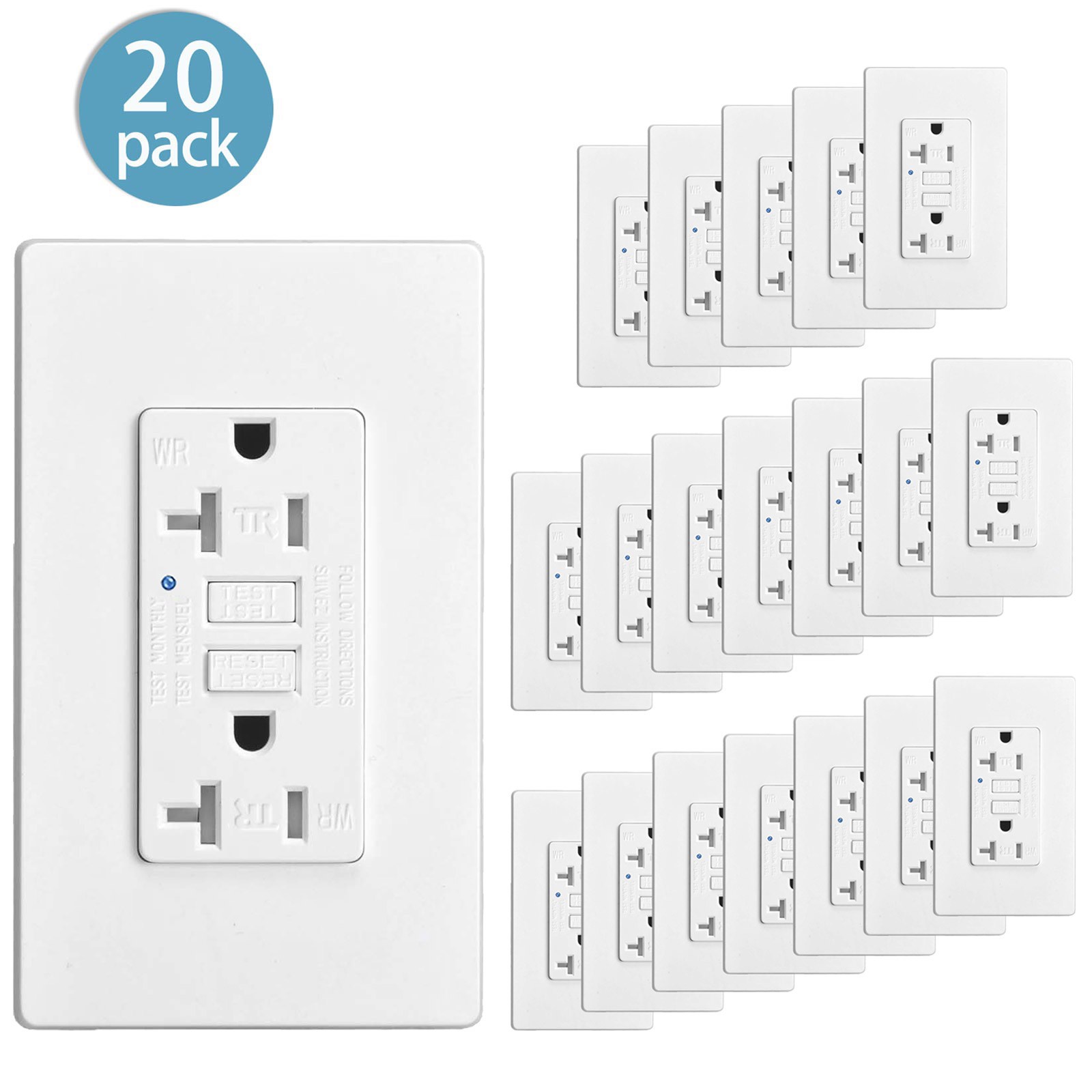 20A GFCI Safety Wall Outlet LED Monitor WR TR Design ETL Certified White 20PCS
