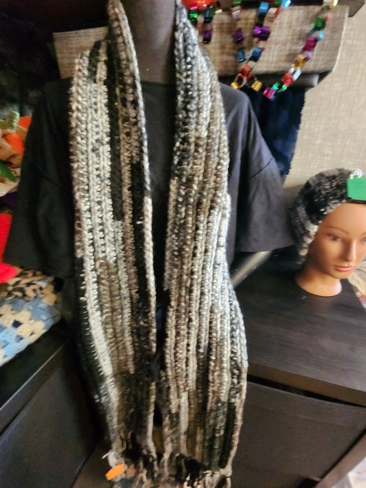 Crocheted Blacks And Grays Super Chunky Long Scarf With Ribbed Beanie Hat Set