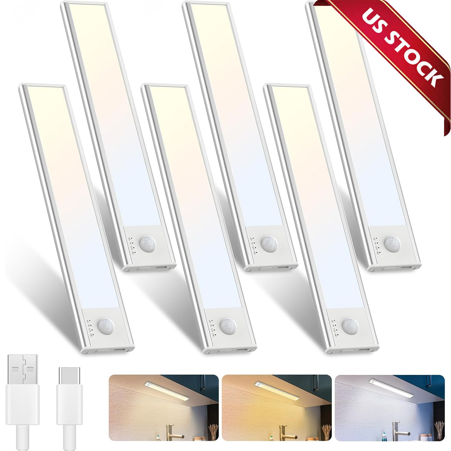 LED Motion Sensor Under Cabinet Closet Light USB Rechargeable Kitchen Lamp Strip