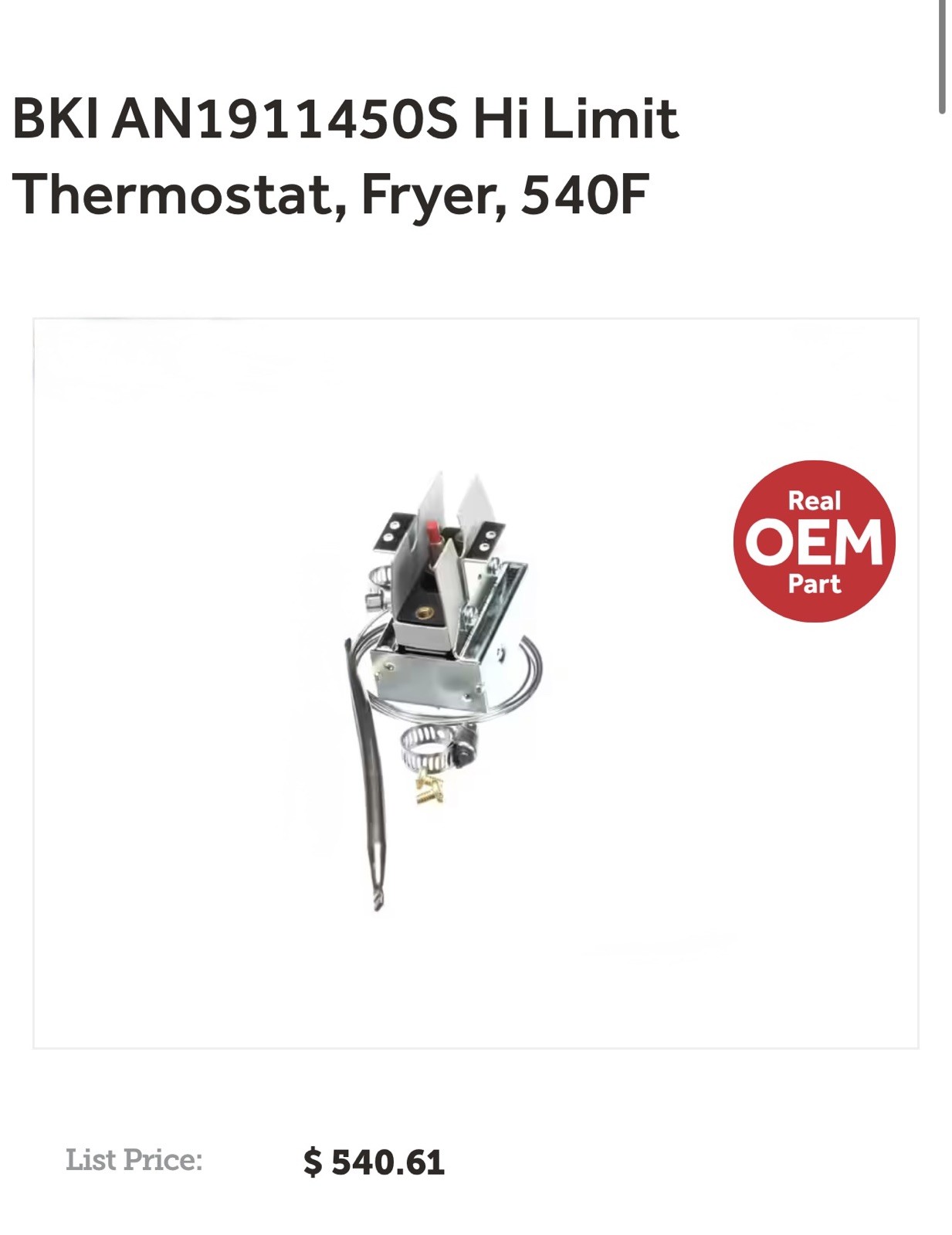 BKI AN1911450S Hi Limit Thermostat, Fryer, 540F. New