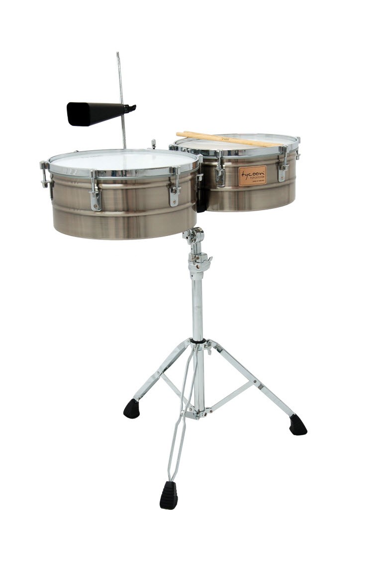 TYCOON PERCUSSION BRUSHED CHROME 14" & 15" TIMBALES DRUM SET w/ COWBELL & STICKS