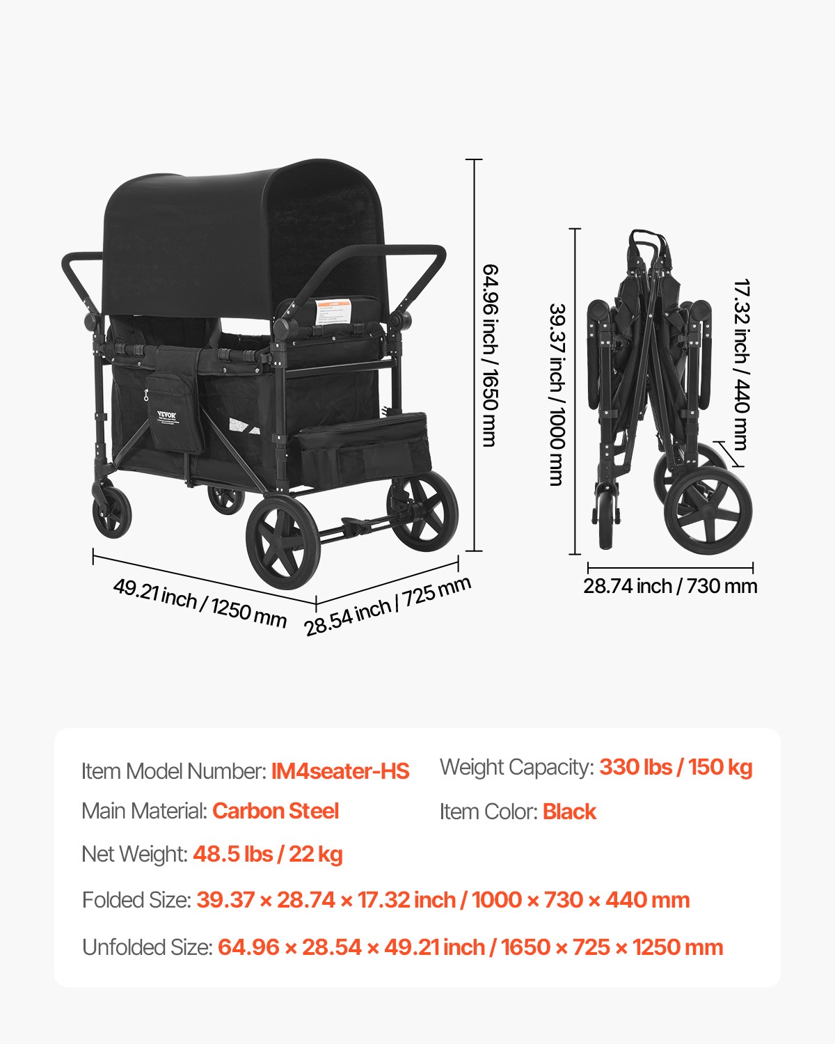 VEVOR Wagon Stroller 4 Kids Push Pull Quad Collapsible Stroller 330LBS Loading