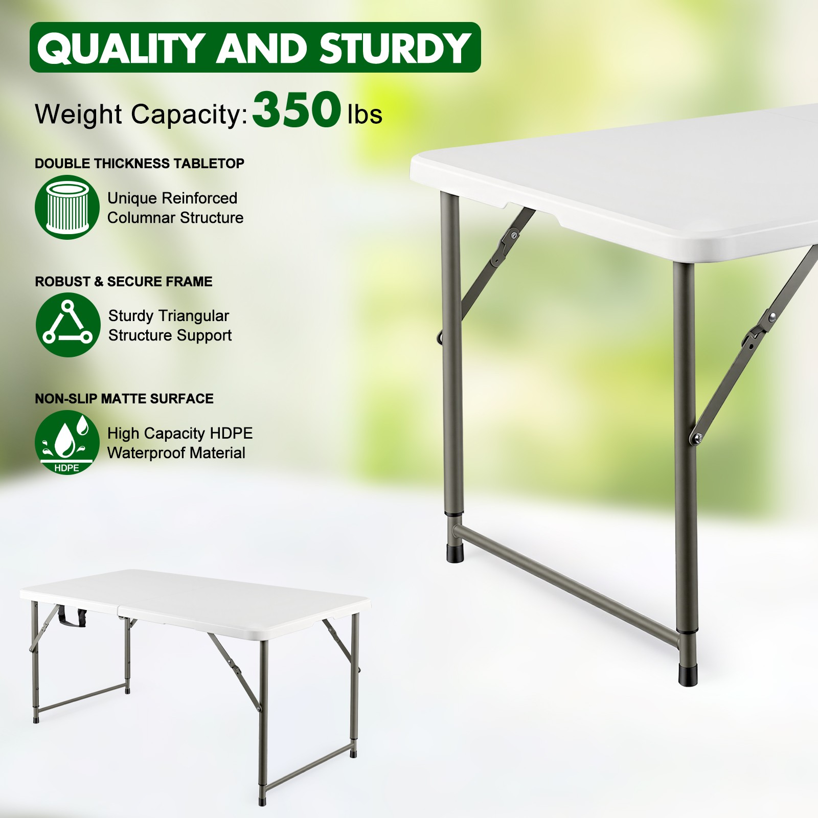 Folding Table Adjustable 4FT Plastic Table Picnic Camping w/Carry Handle White