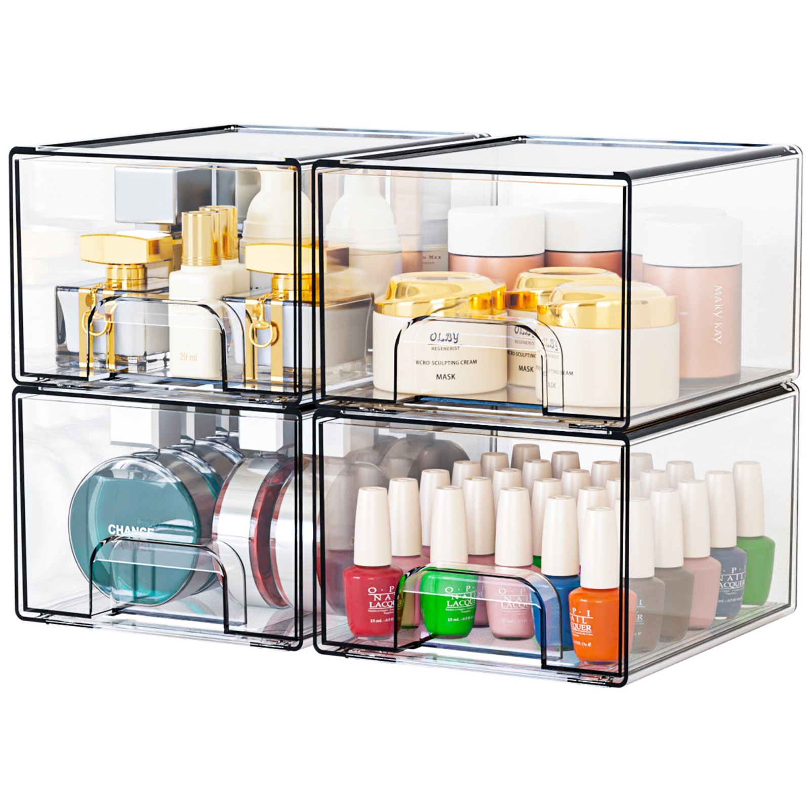 4 Pack Acrylic Stackable Drawer Storage Desktop Organizer Bins for Bathroom