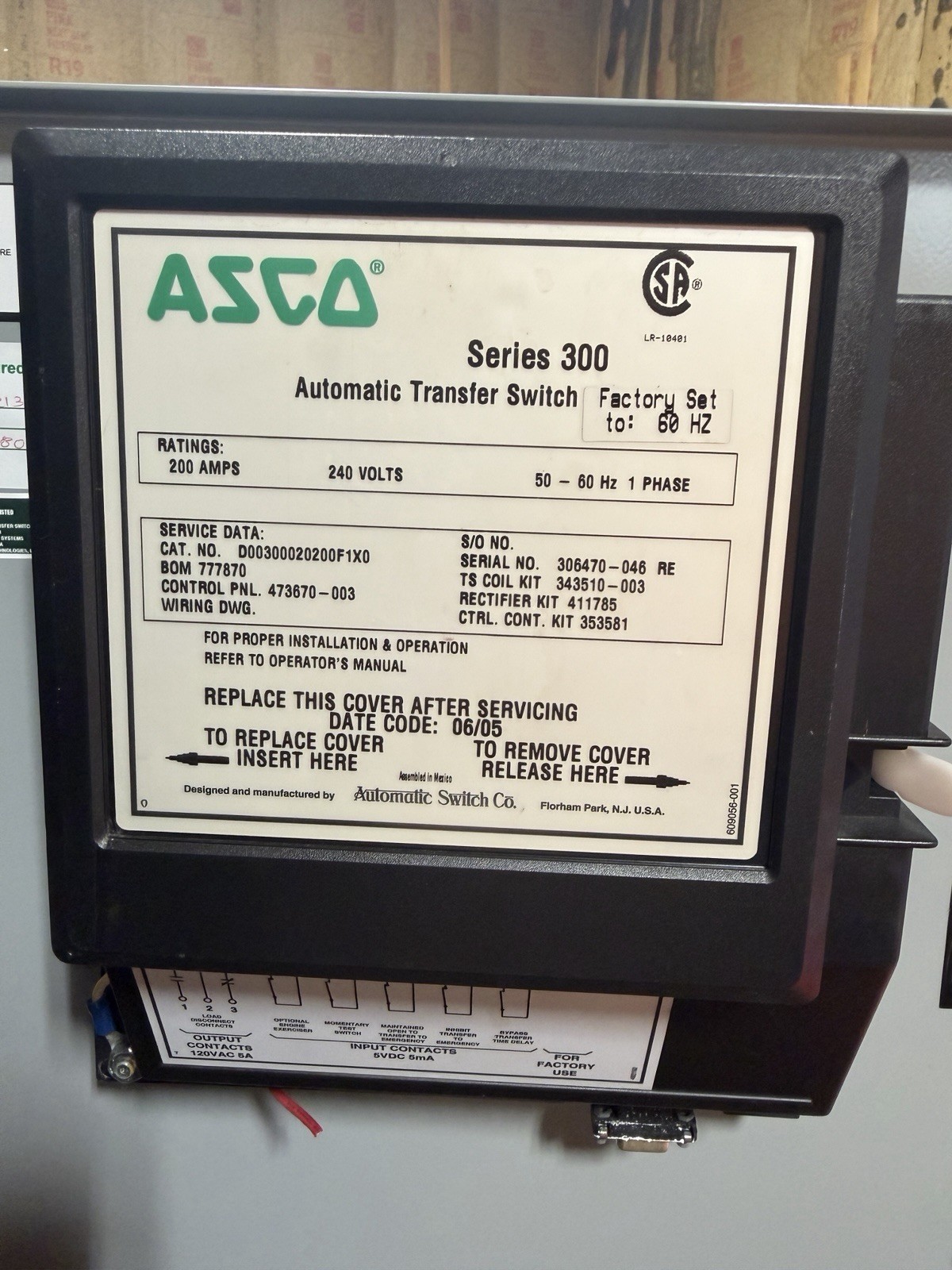 ASCO Series 300 Automatic Transfer Switch 200A Automatic D00300020200F1X0