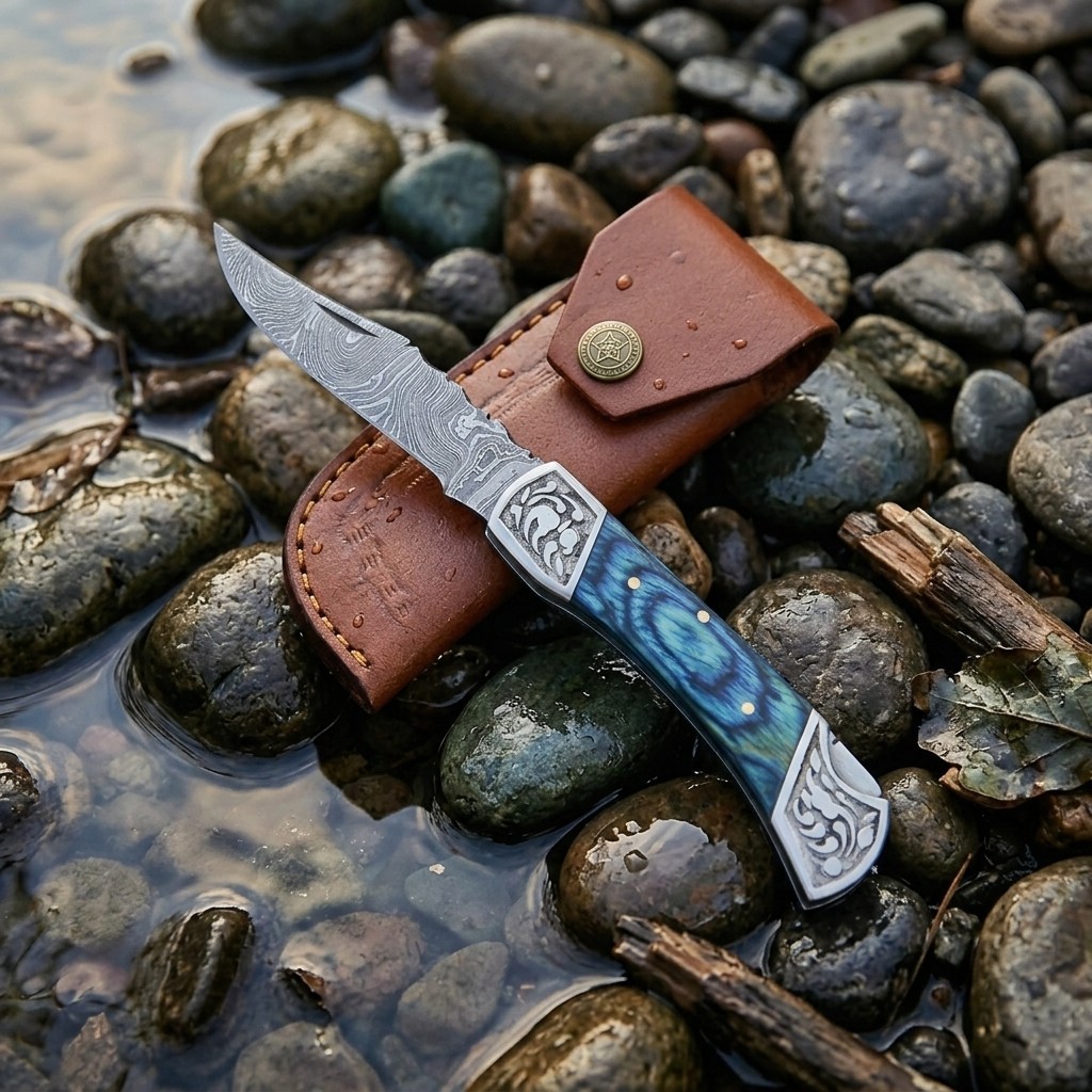 Custom Handmade Damascus Steel Folding EDC Pocket Knife Orange Grey Handle, 6.5'