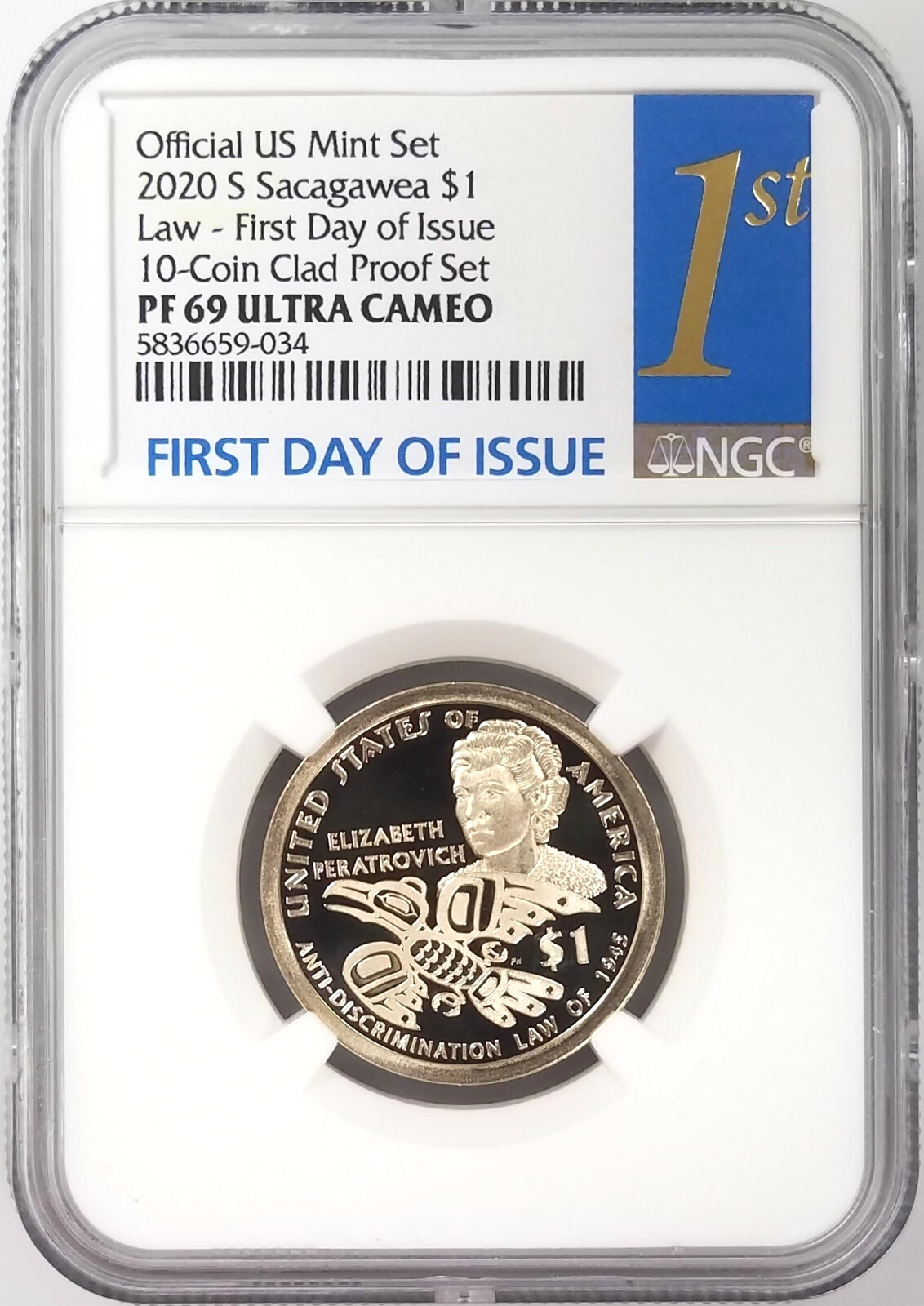2020 S Proof  Sacagawea/Golden Dollar, NGC PF 69 Ultra Cameo 1st Day of Issue!