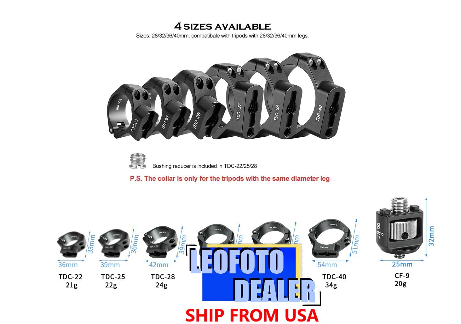 Leofoto TDC-36 + CF-9 36mm Clasp/Collar + 3/8" Screw Stud