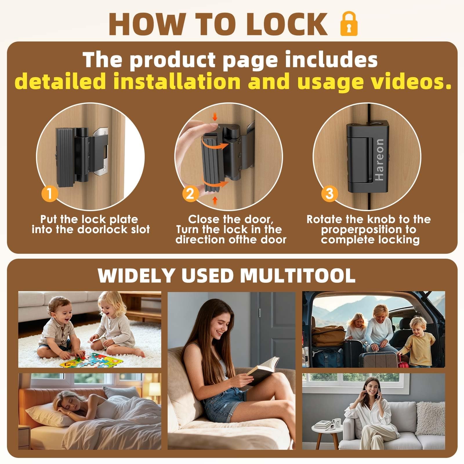 Portable Door Lock, Reinforcement Lock for Black