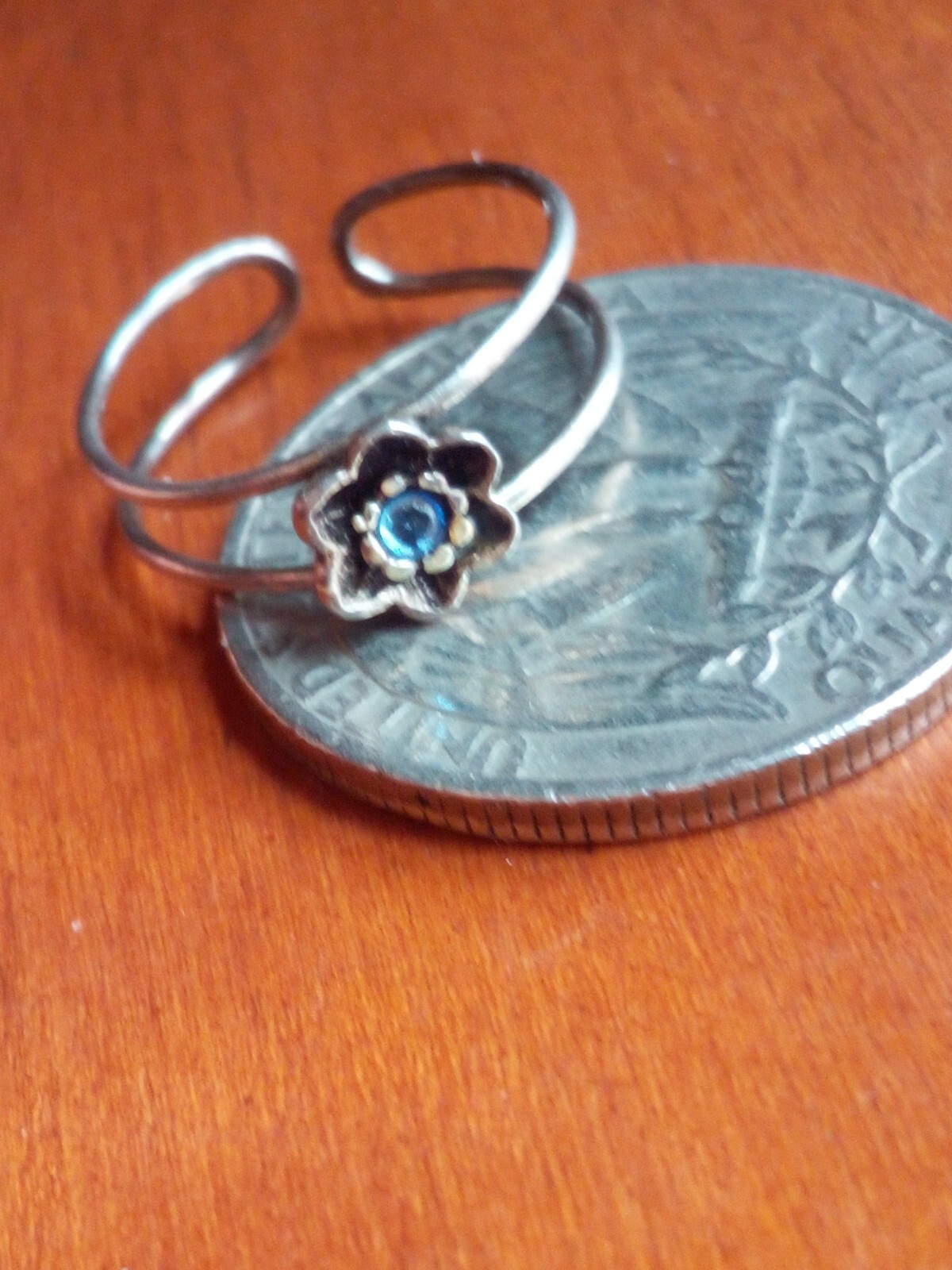 Vintage Silver Blue Rhinestone Lotus Toe Ring Clip Unmarked Tested Silver