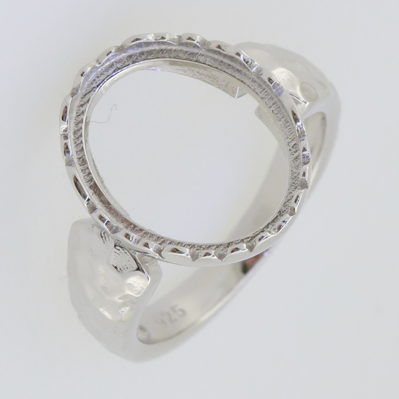 Sterling Silver Semi Mount Ring Setting Cabochon Oval OV 15x11mm Hammered Shank