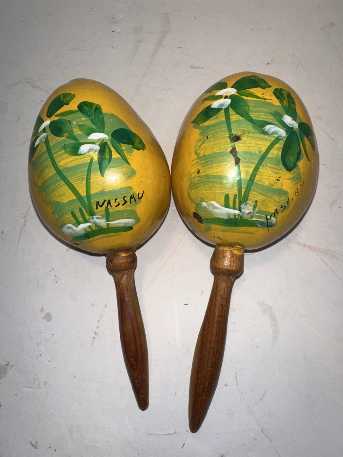 Vintage Maracas 2 Wooden Yellow Nassau Bahamas Musical Shakers Instrument Navy