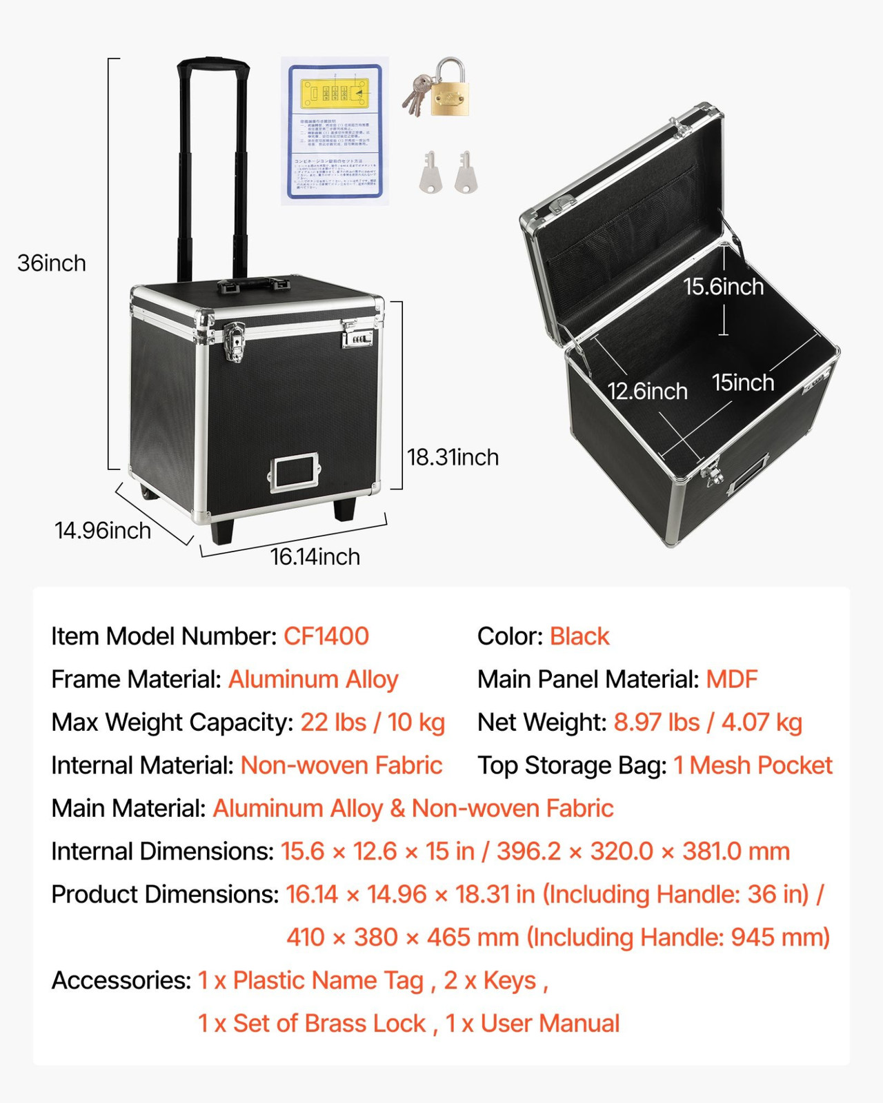 VEVOR Locking Rolling File Storage Box - Mobile Case with Telescoping Handle