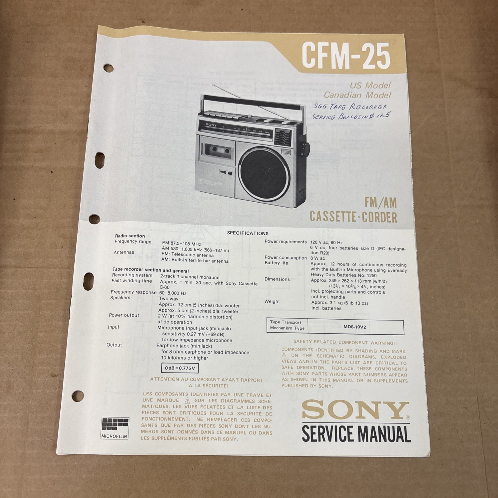 Sony CFM-25 Radio Cassette Original Service Manual