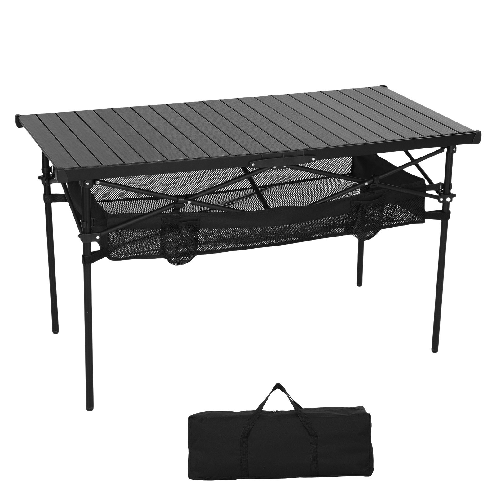 Black Aluminum Folding Camping Table with Mesh Storage, Cup Holders & Carry Bag