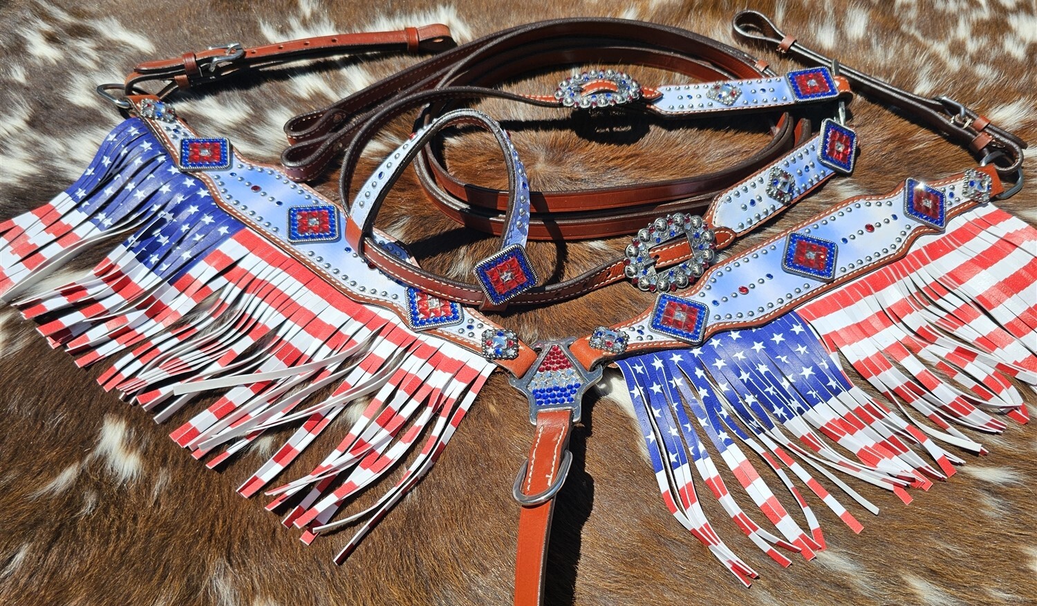 Patriotic Red White Blue Headstall, Reins Fringed Breastcollar Set