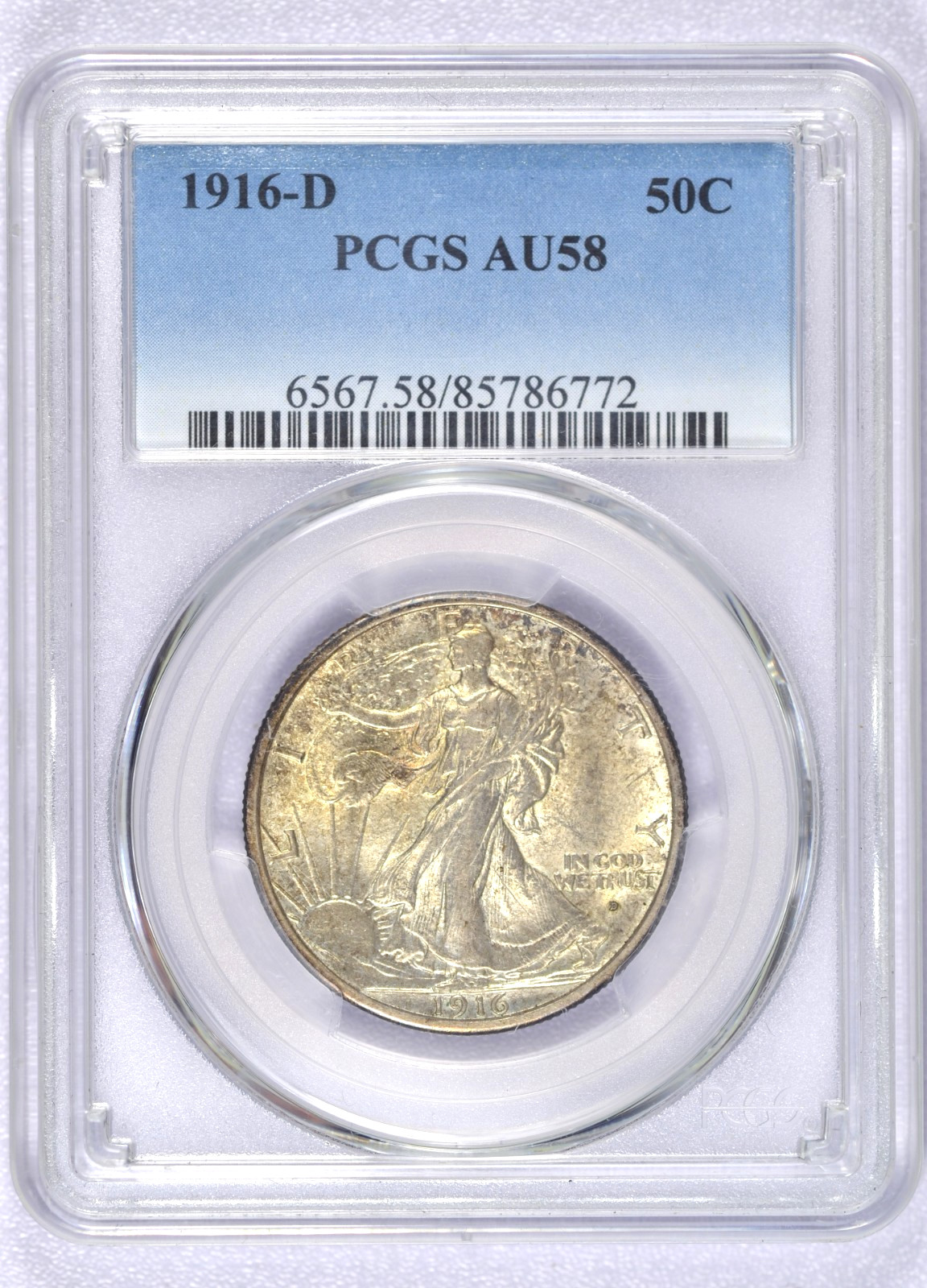 1916-D WALKING LIBERTY HALF DOLLAR PCGS AU58 BETTER DATE
