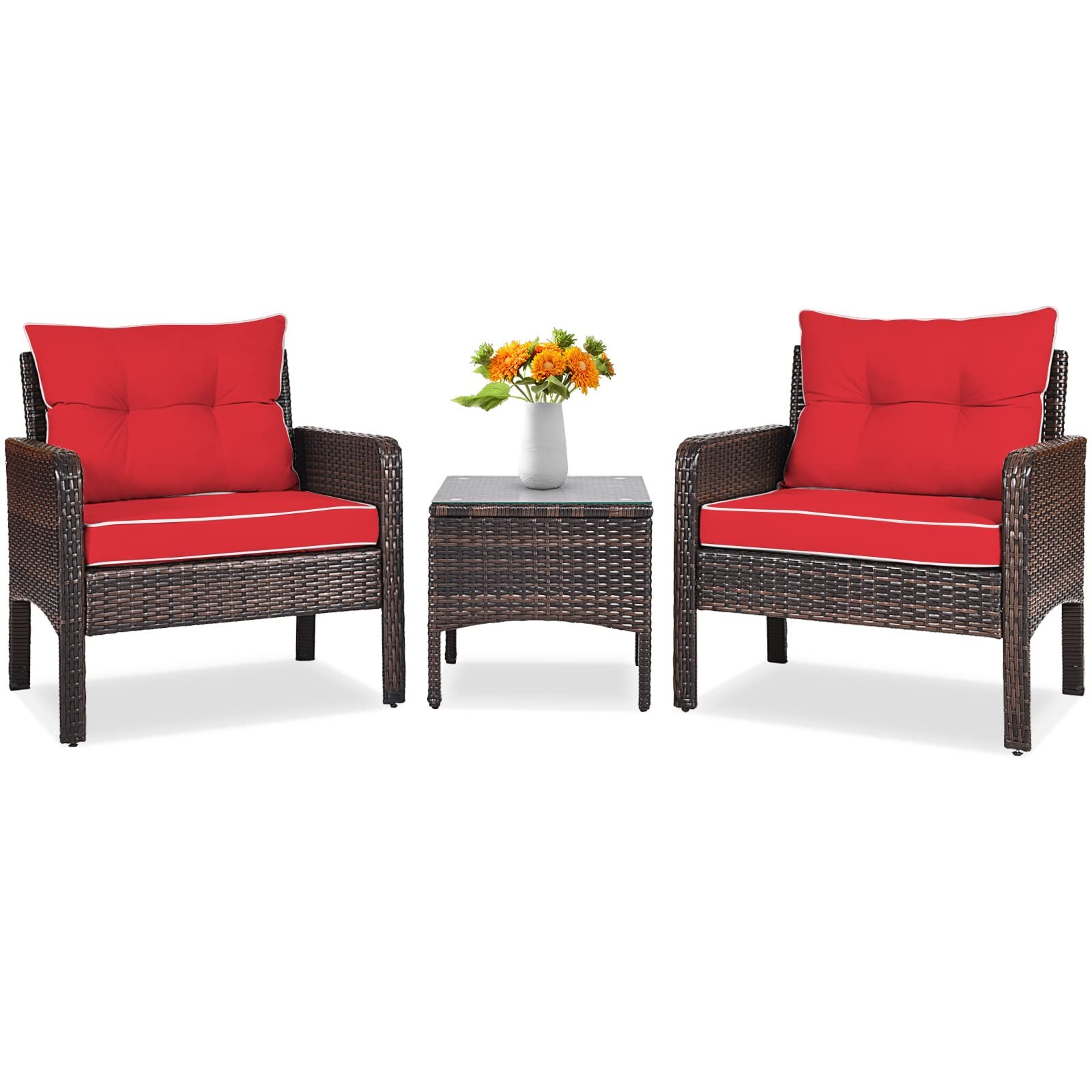 3 Piece Outdoor Patio Furniture Set, Wicker Chairs Set with Glass Top Coffee ...