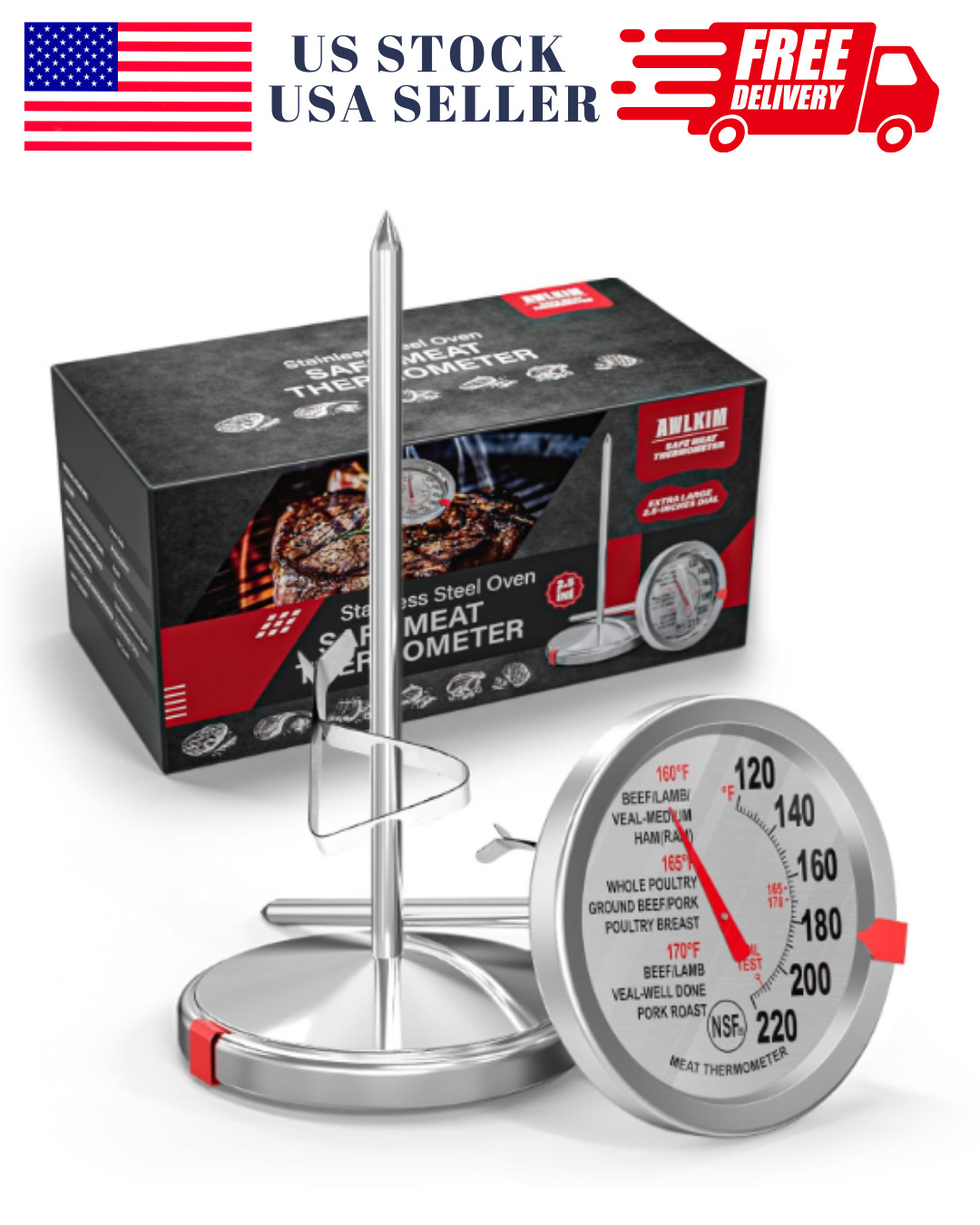 2 Pack Stainless Steel Meat Thermometer, Safe Leave in Oven, 2.5-In Extra-Lar...