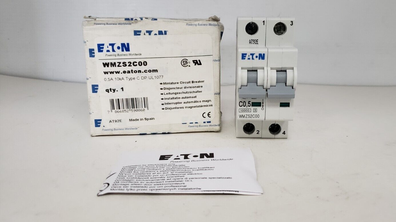 EATON WMZS2C00 (FAZ-C0P5-2) CIRCUIT BREAKER, 2P 0.5A 277/480VA 10ka TYPE C, NIB