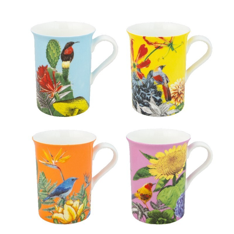 Gracie Bone China Tropical Garden Coffee Tea Mugs 9 Ounce, Assorted S/4
