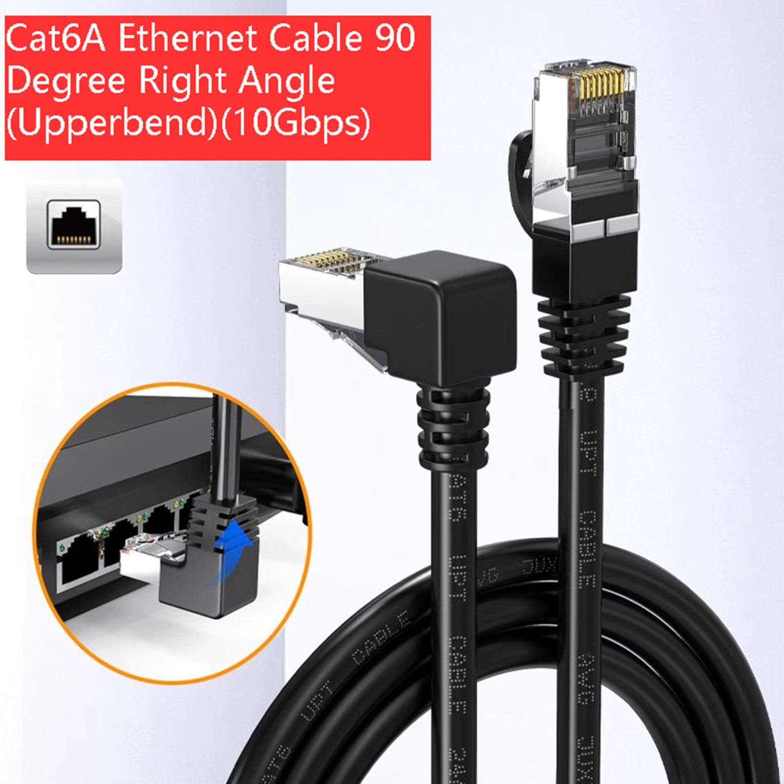 CAT6A Ethernet Cable 90 Degree Right Angle RJ45 SFTP Shielded Patch Cord 2 PCS