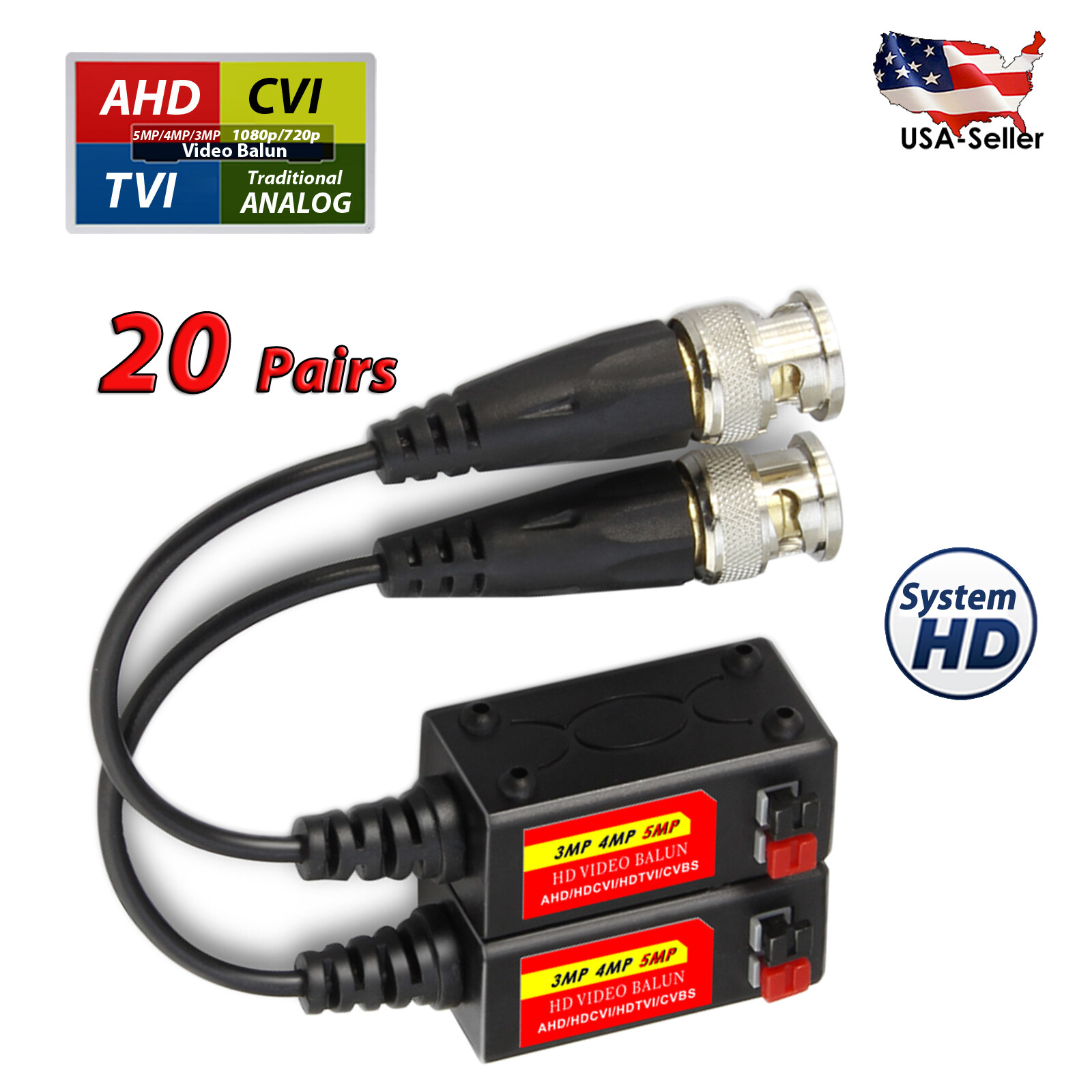 20 Pairs (40 Pcs) CCTV Camera Passive Video Balun Snap on Style Cat5e Cat6 Cable
