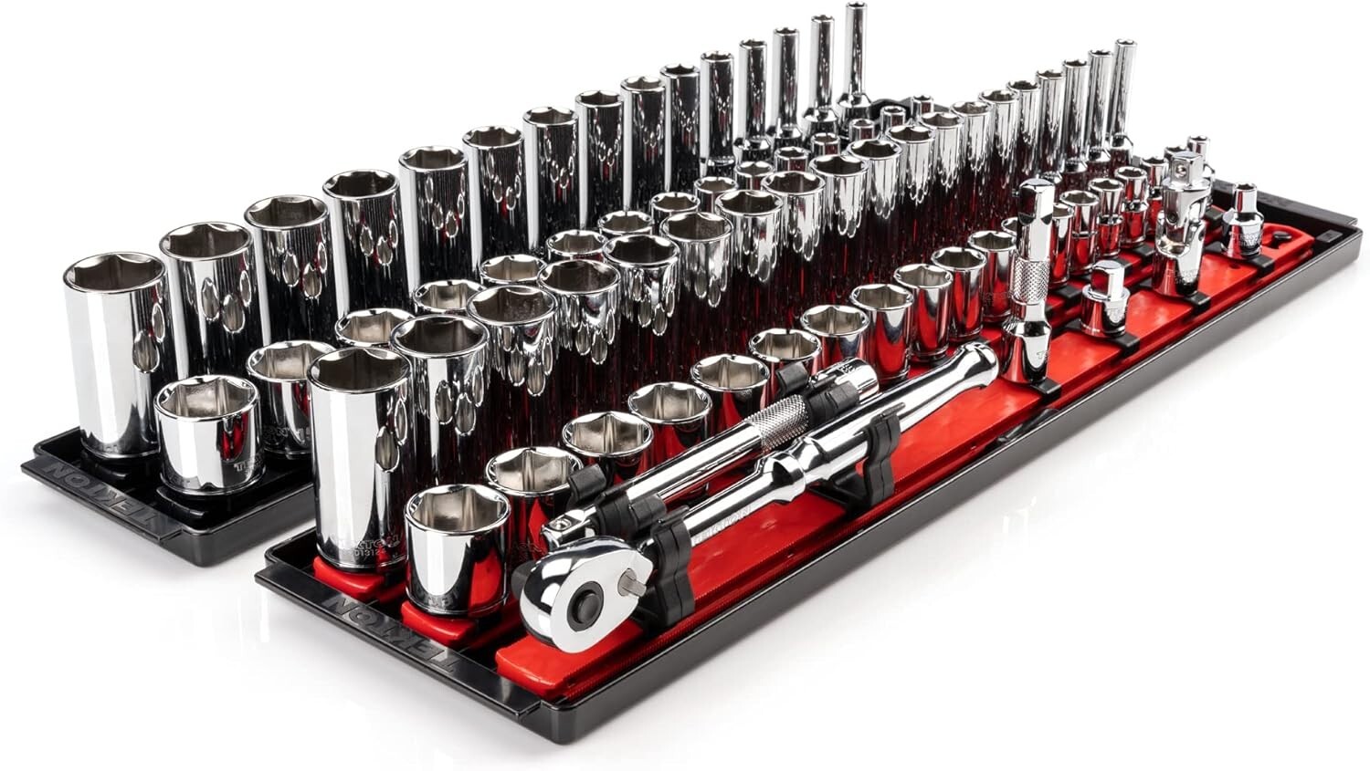 3/8 Inch Drive 6-Point Socket and Ratchet Set with Rails and Trays, 74-Piece