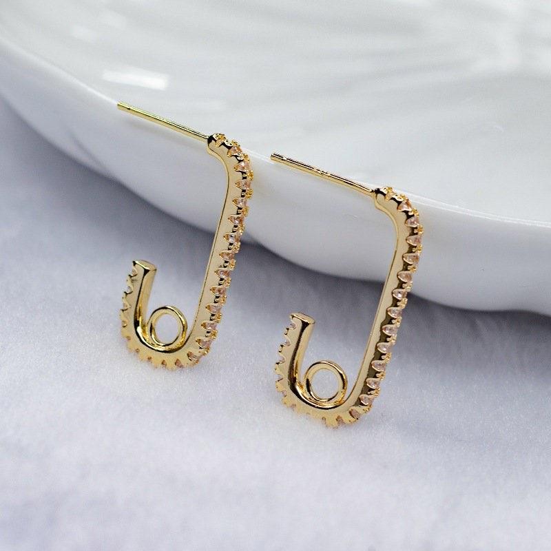 1Pair Gold Plated Stud Earrings Connector Half Hoop CZ Micro Pave GZX641-5890