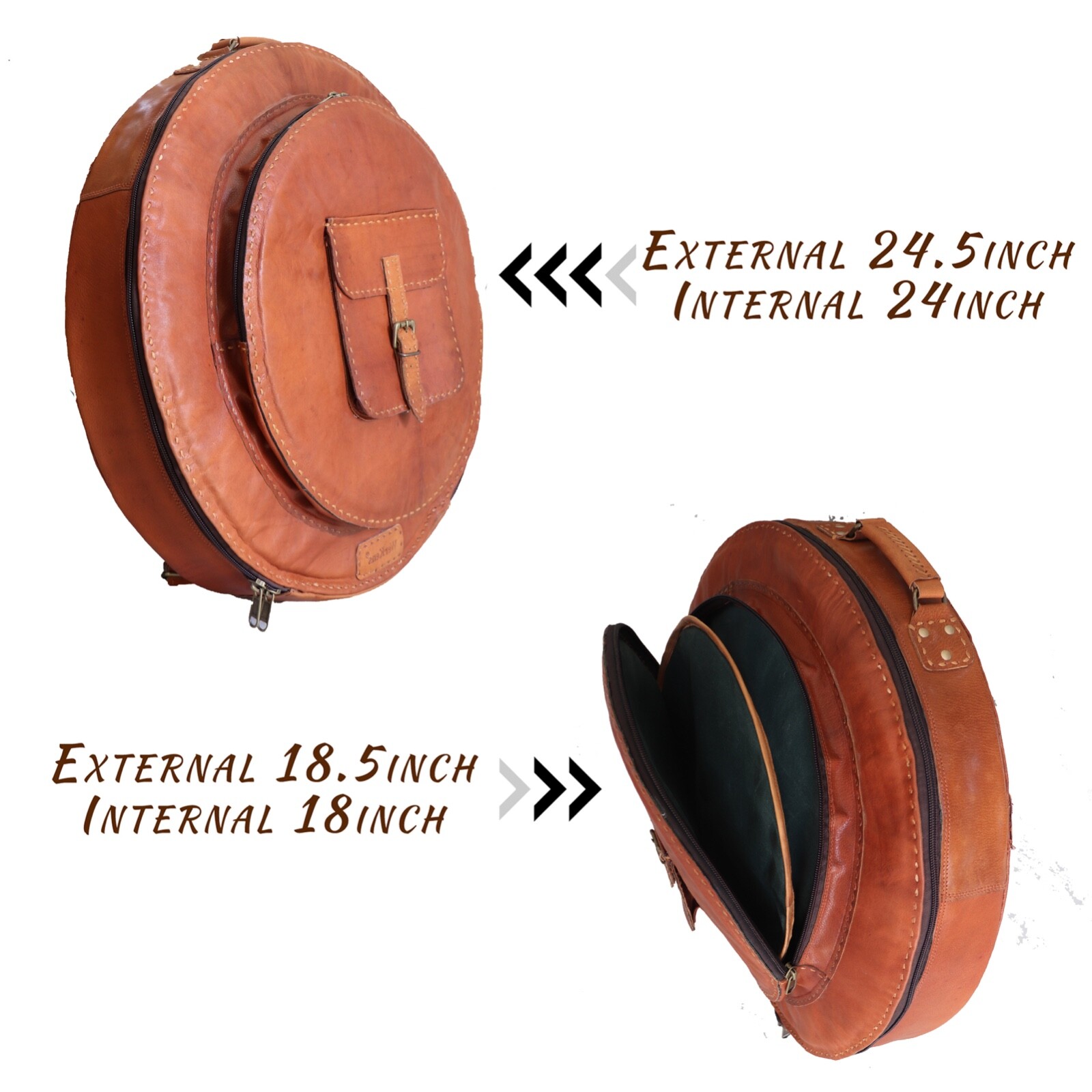 Leather Cymbal Case 24" Premium Backpack Cymbal Bag Padded High Hat Pocket BROWN