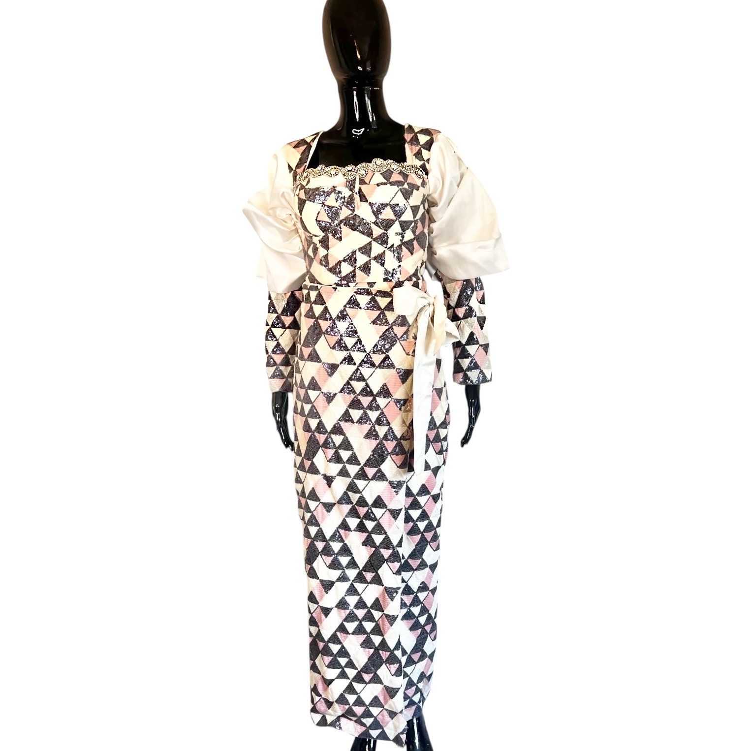 African Nigerian Style Women Fully Sequence Pink, Gray, & Ivory Wrapper Dress