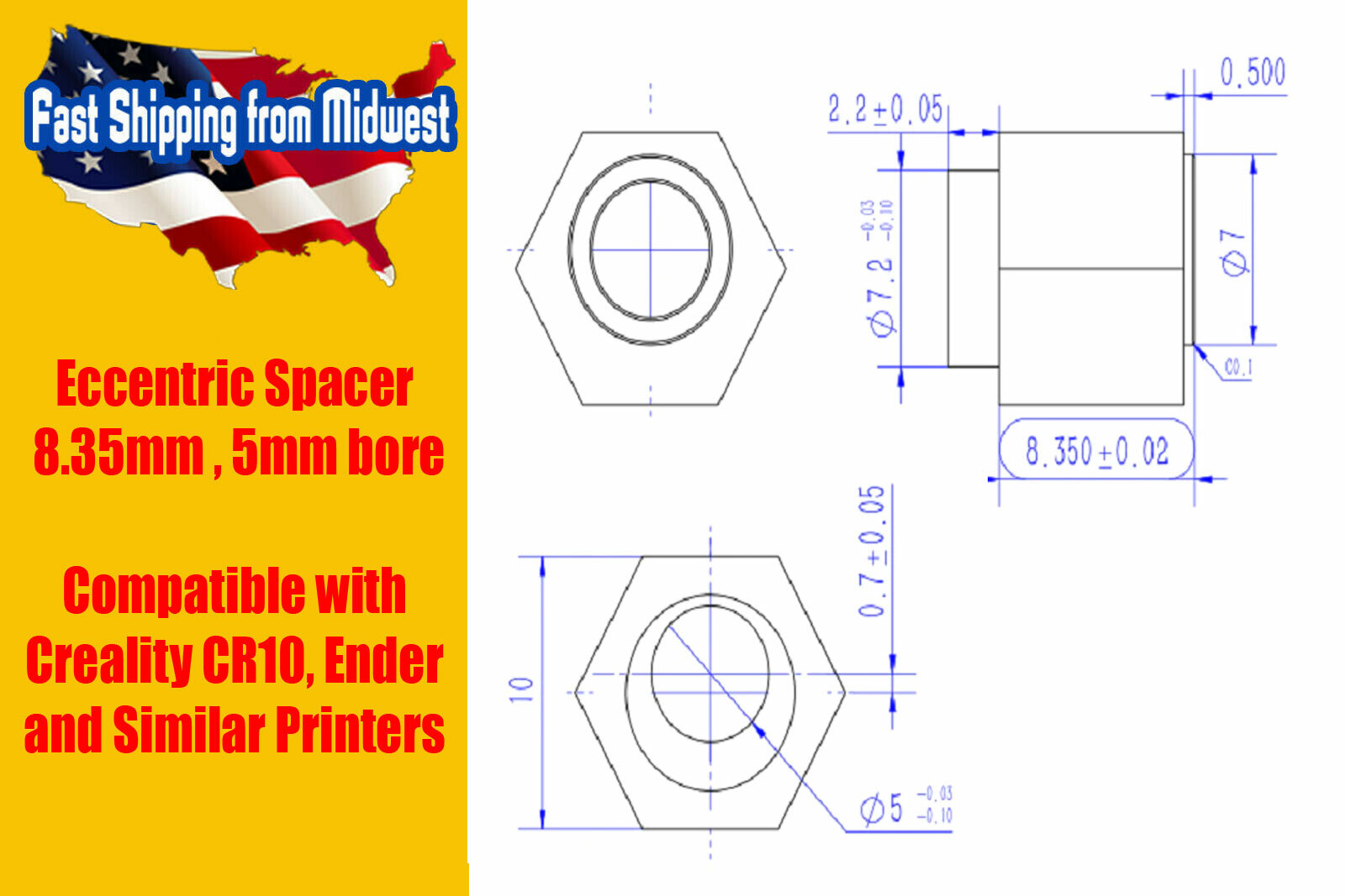 Eccentric Spacer 8.35mm, 5mm Bore, for 3D Printers & CNC