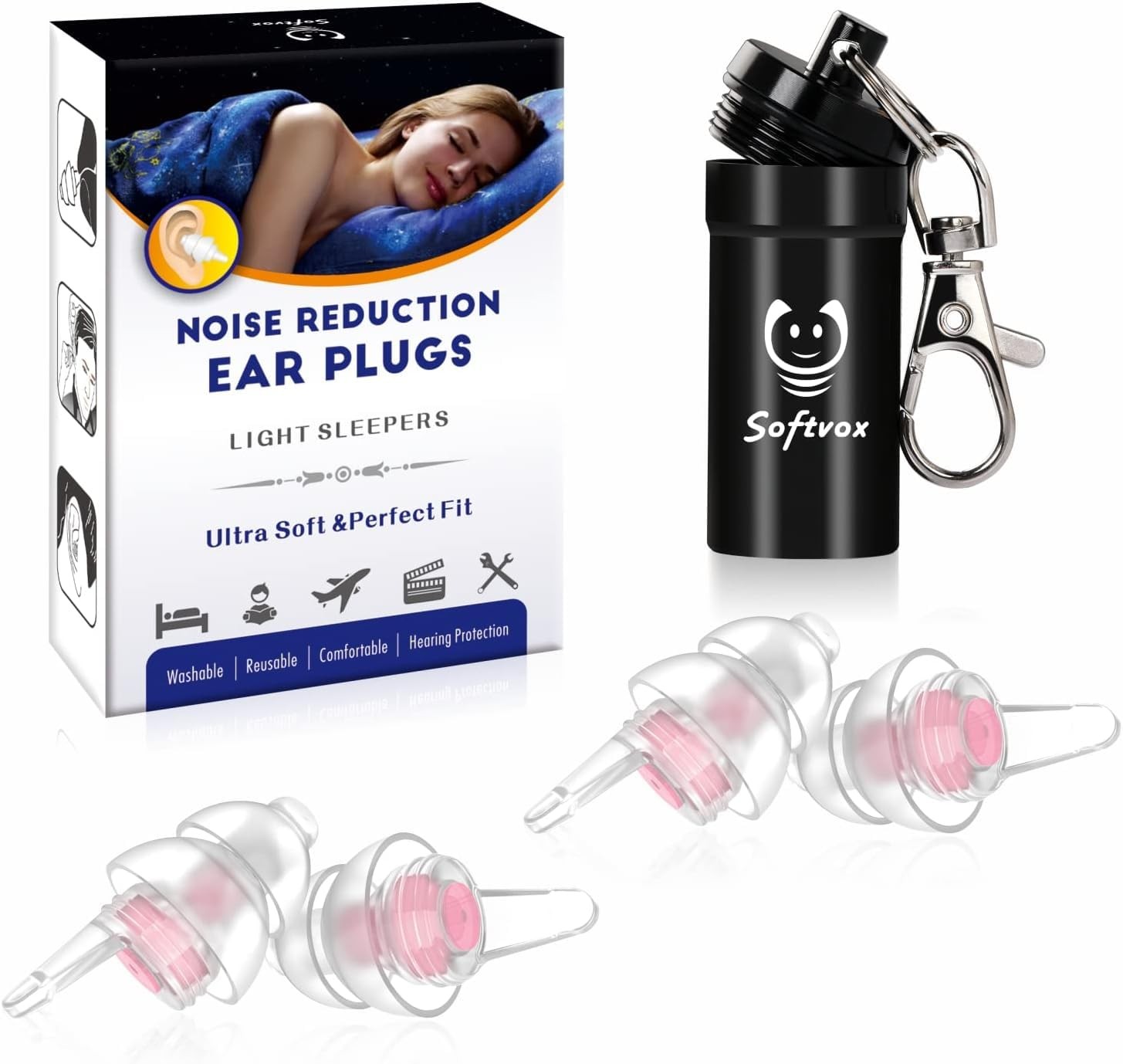 Softvox Small Ear Plugs for Sleeping, 2 Pairs 2 Count (Pack of 1), Light Pink