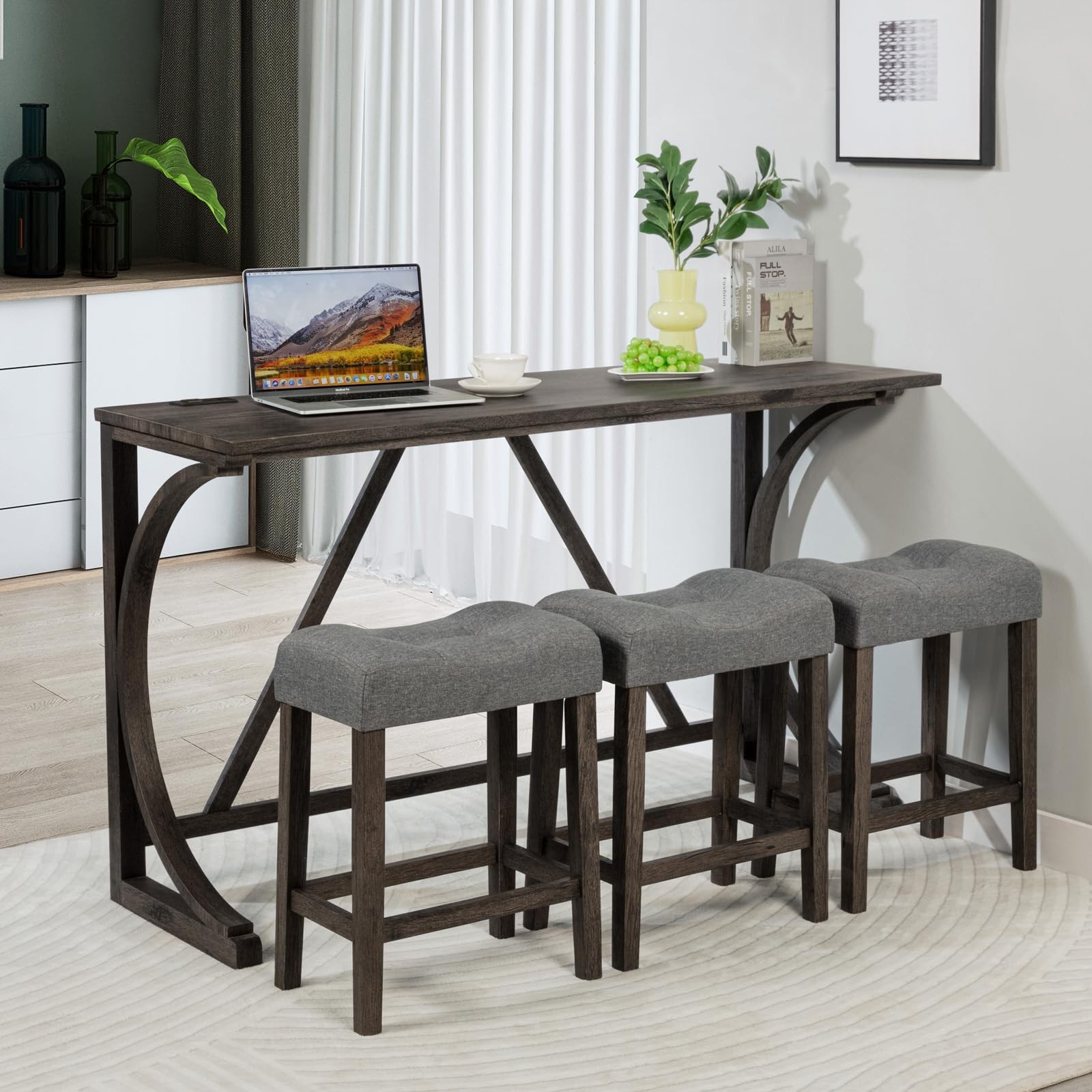 4 Piece Bar Table Set with USB Port, Kitchen Table with 3 Upholstered Stools,...