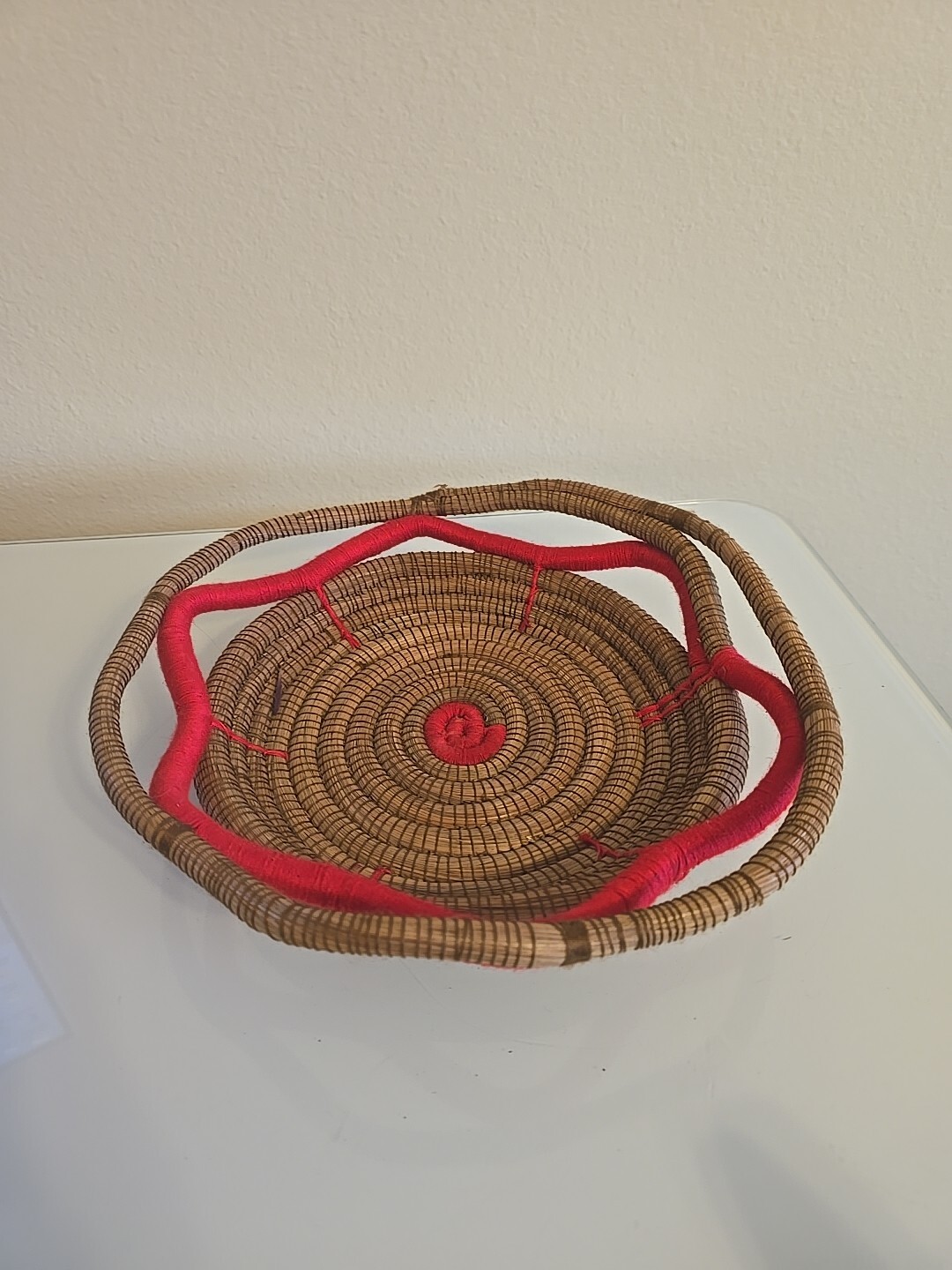 Pine Needle Basket Five-Sided Brown With Red Trim 12"