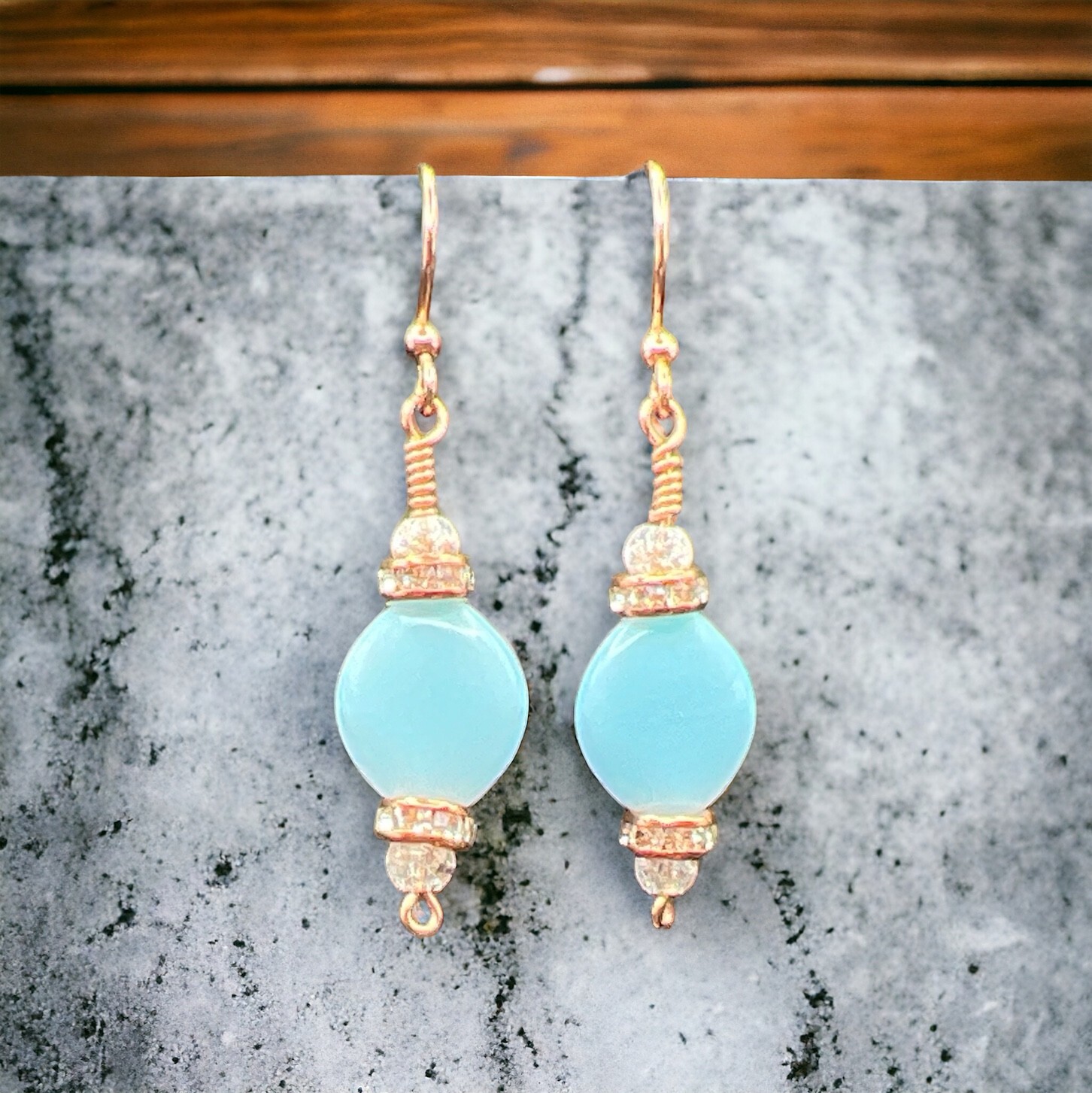 Handmade Copper finish light blue dangle earrings
