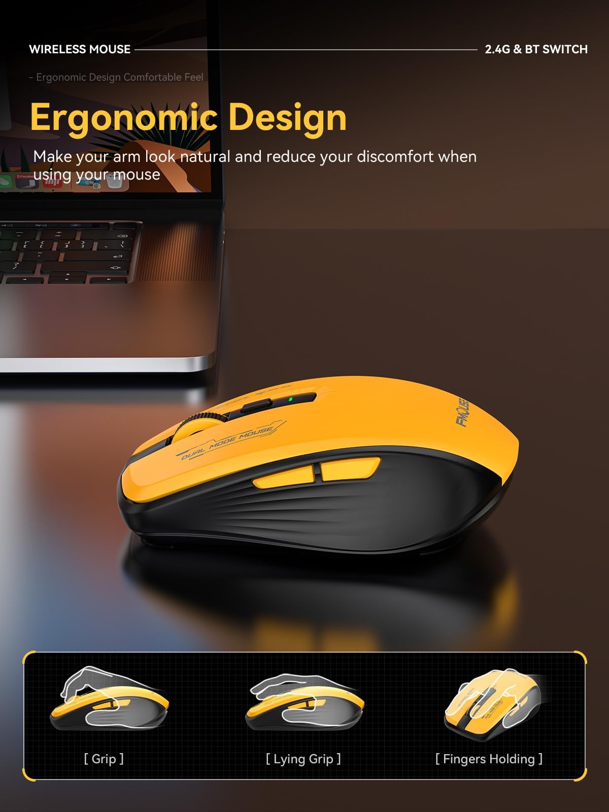 DAHULI Wireless Mouse Yellow Black, Dual-Mode Bluetooth/2.4G, Side Buttons