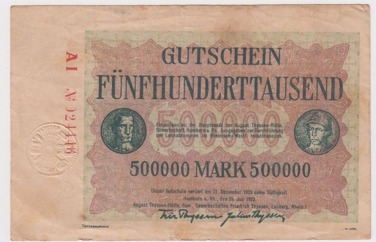 Germany / Hamborn  500 000 Mark  25.7.1923 Series D  Circulated Banknote