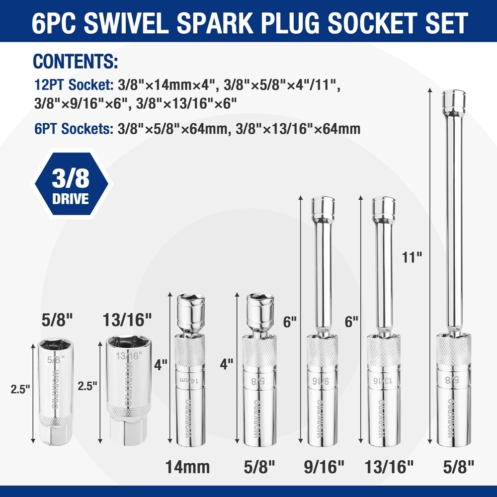 7PCS Magnetic Swivel Spark Plug Socket Set Thin Wall Socket Extension 3/8" Drive