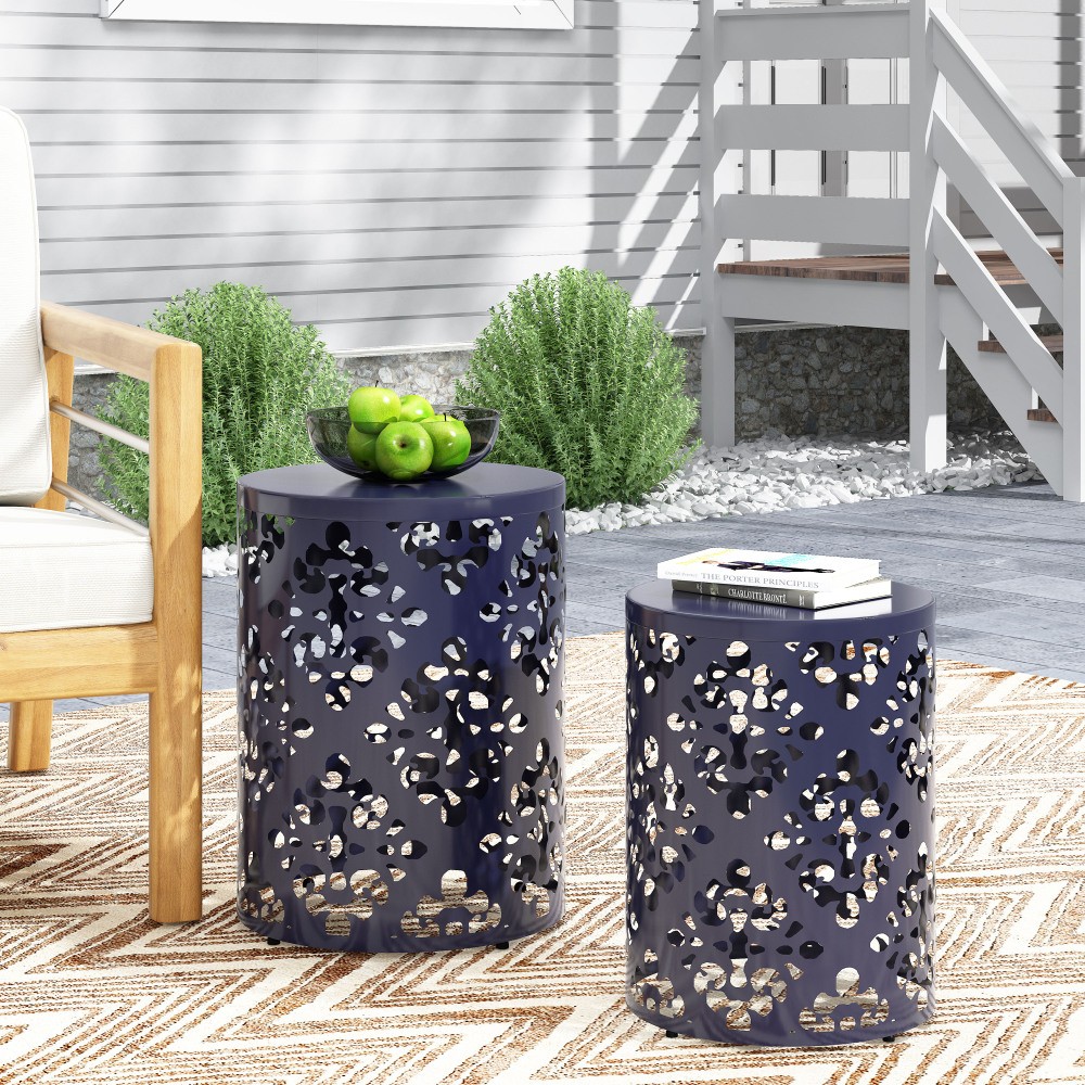 Modern Outdoor Side Table Set of 2, Navy Blue, Powder Coated Iron, No Cushions