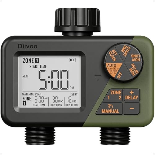 DIIVOO SPRINKLER TIMER 2 ZONE PROGRAMMABLE WATER HOSE TIMER 2 OUTLET - GREEN