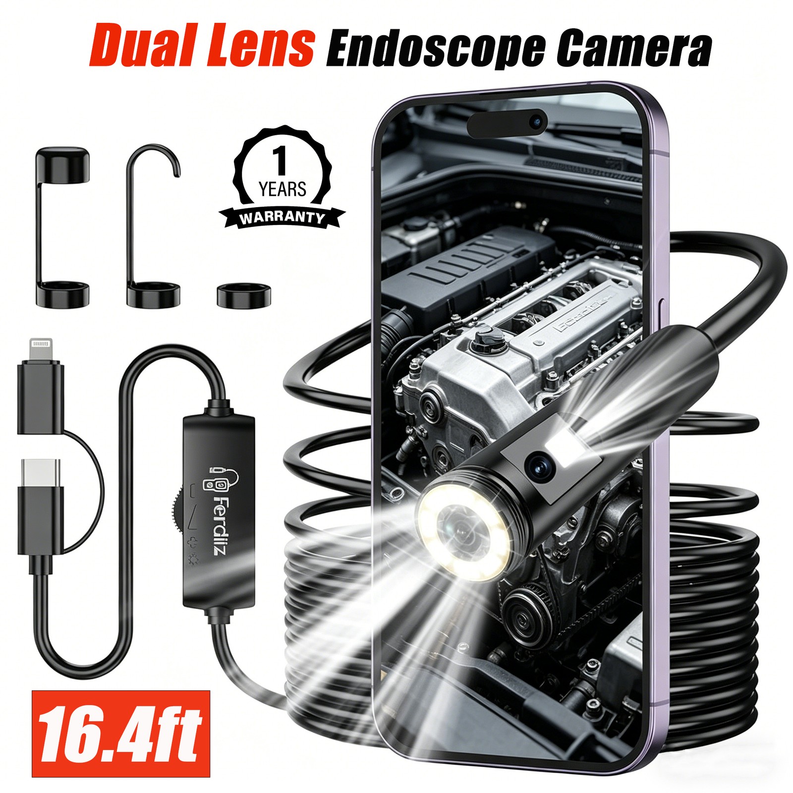 Dual Lens Endoscope Camera with Light,Borescope with 16.4ft Semi-Rigid,7.9mm,q