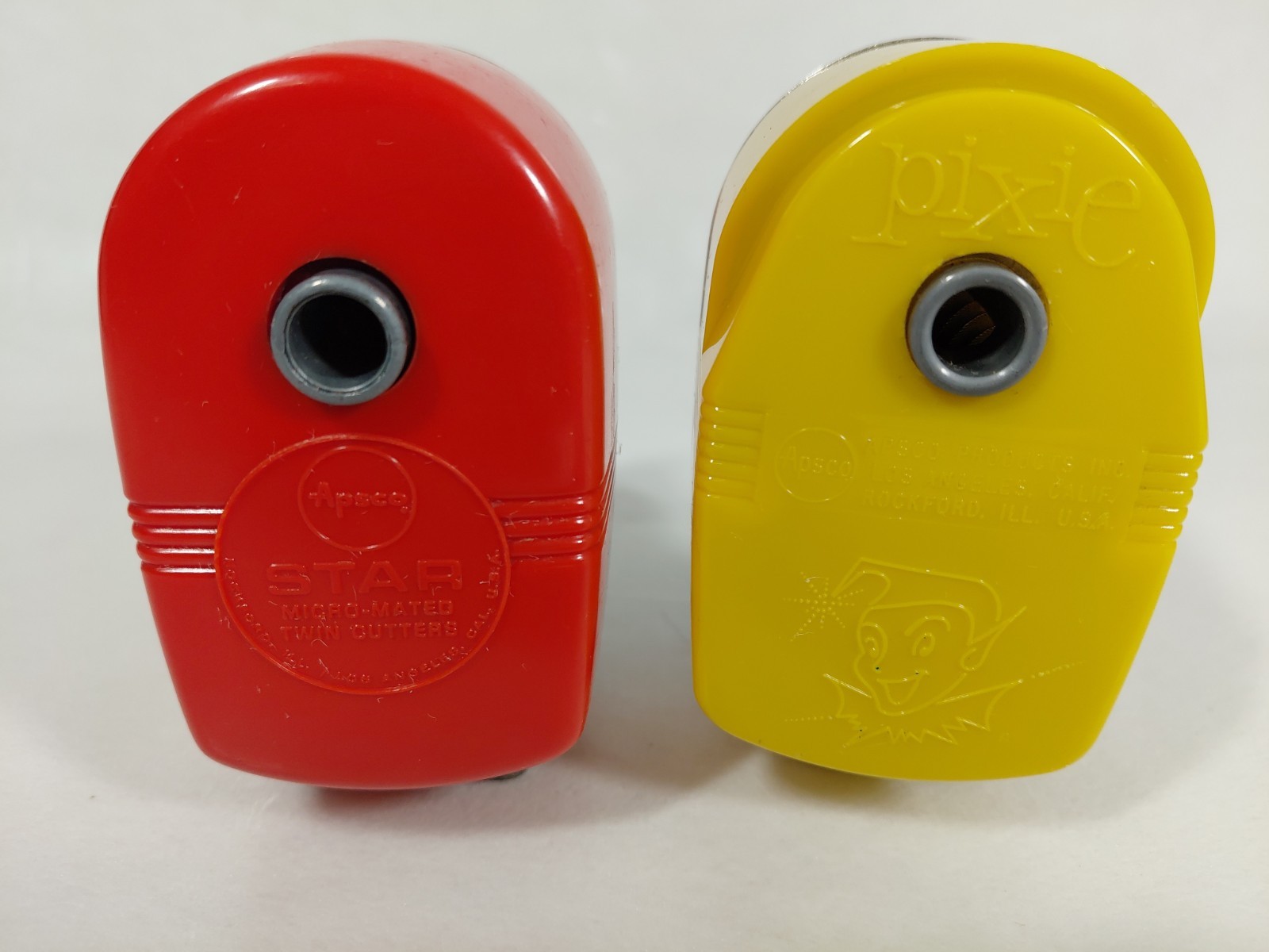 2 Vintage Apsco Yellow Pixie & Red Star Pencil Sharpeners USA