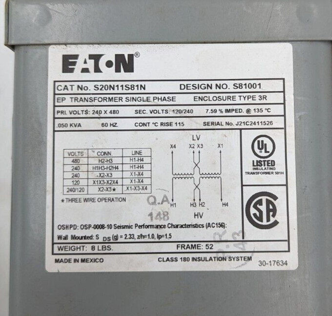 Eaton S20N11S81N General Purpose Transformer Used